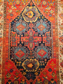 Antique Persian Malayer Area Rug in Allover Geometric Design in Red, Blue, Ivory