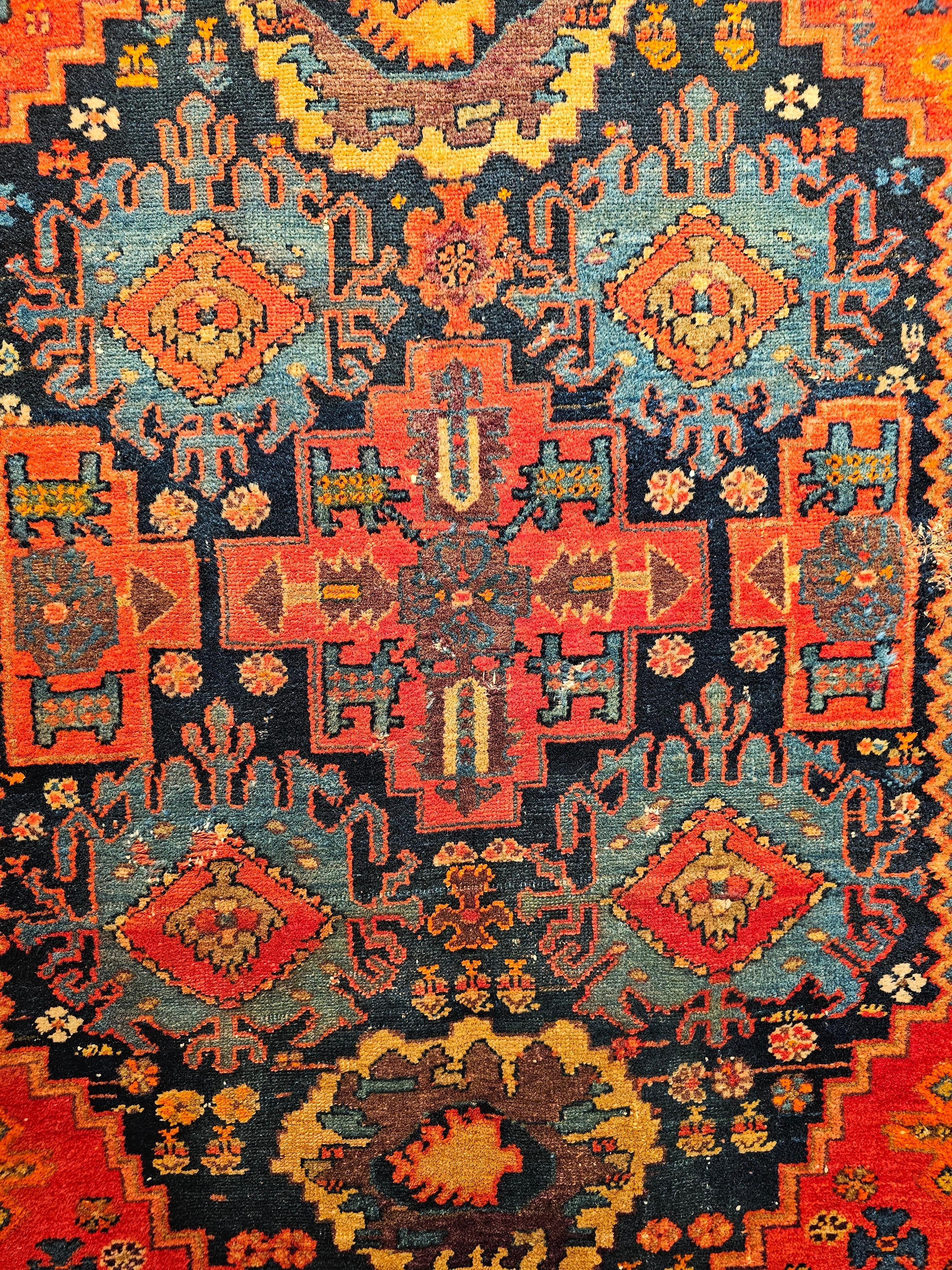 20th Century Vintage Persian Malayer Area Rug in Allover Geometric Design in Red, Blue, Ivory For Sale