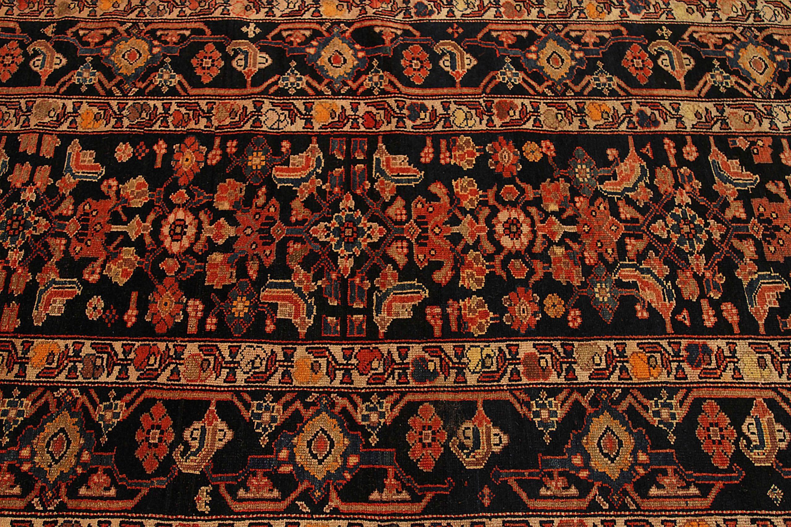 Tapis de sol Persan Malayer - Laine Noir Rouge Jaune Design - 91570 Excellent état - En vente à Dallas, TX