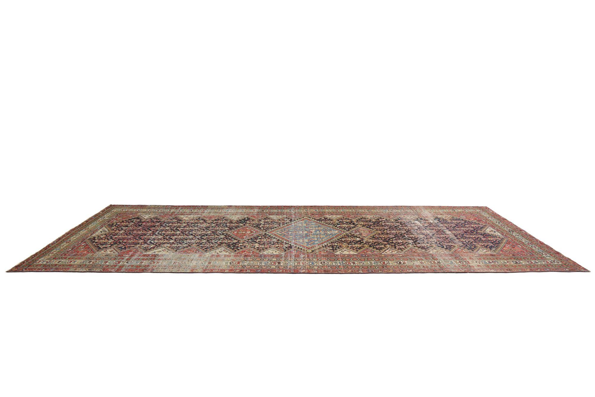Tapis de sol Persan Malayer - Laine Noir Bleu Rouge Design - 97728 Excellent état - En vente à Dallas, TX