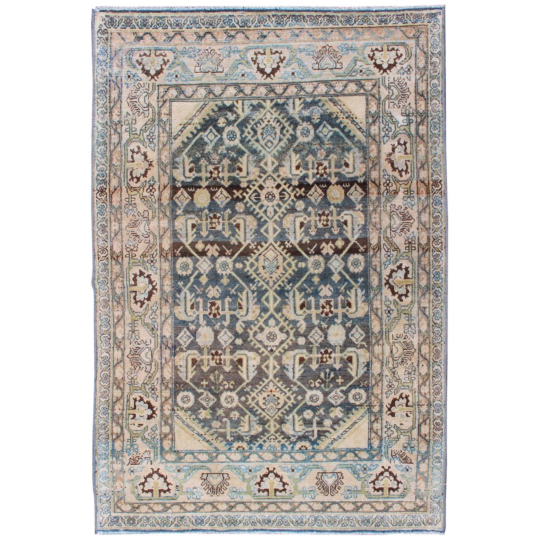 Persischer Malayer-Teppich mit All-Over-Design in Grau-:: Blau-:: Creme- und Rosatönen