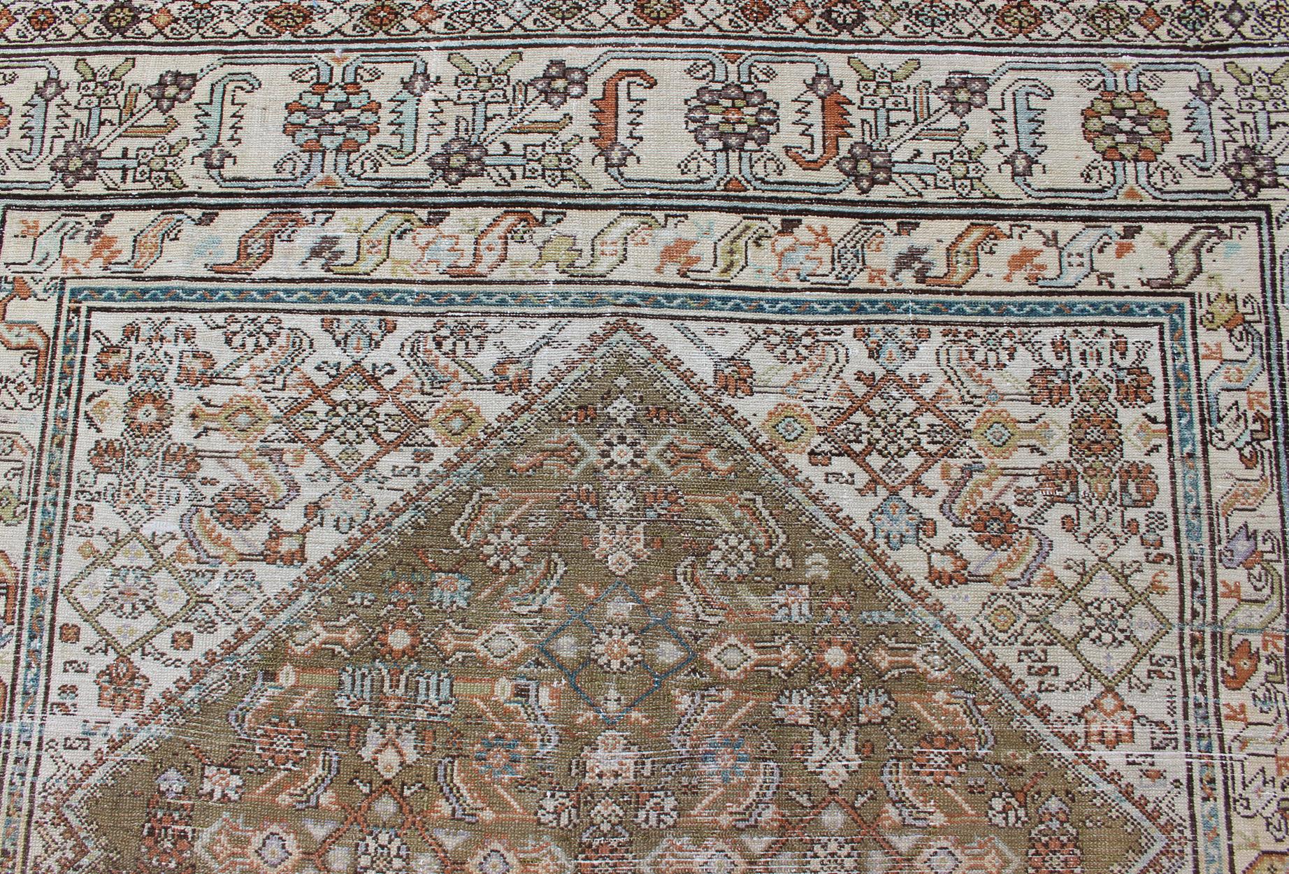 Persischer Malayer-Teppich mit geometrischem Muster in verblasstem Grün und Elfenbein im Angebot 4