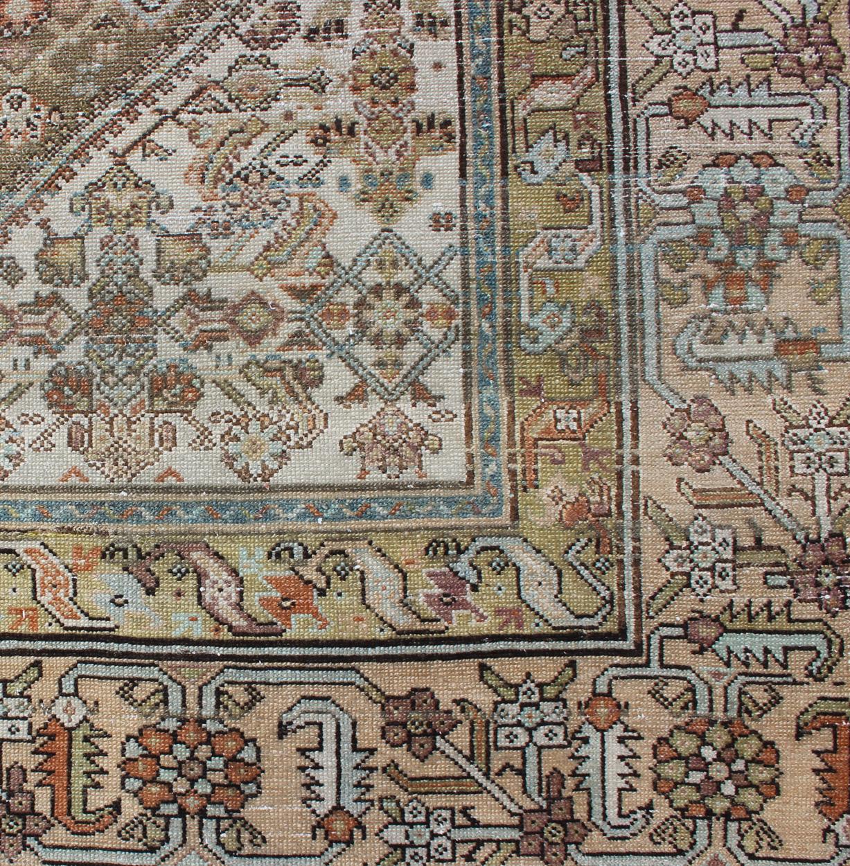 Persian Malayer Rug with Geometric Design in Faded Green and Ivory For Sale 5
