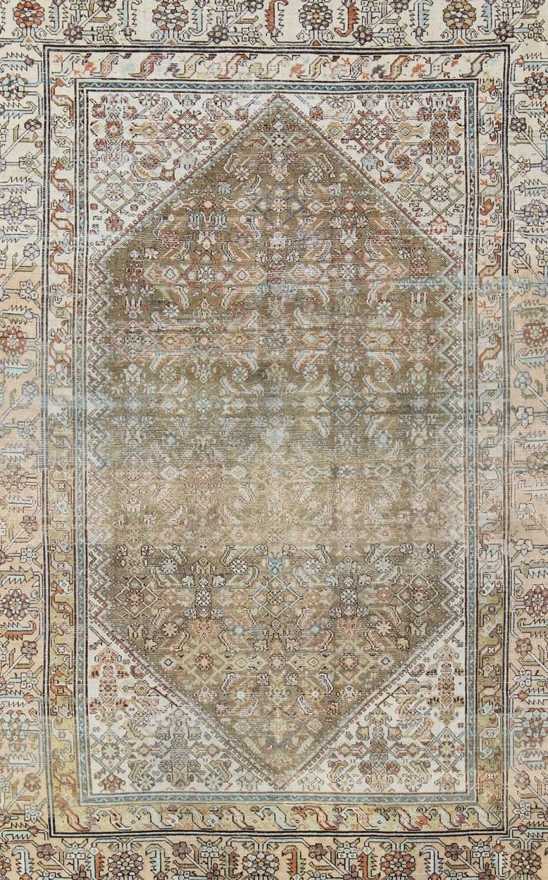 Hand-Knotted Persian Malayer Rug with Geometric Design in Faded Green and Ivory For Sale