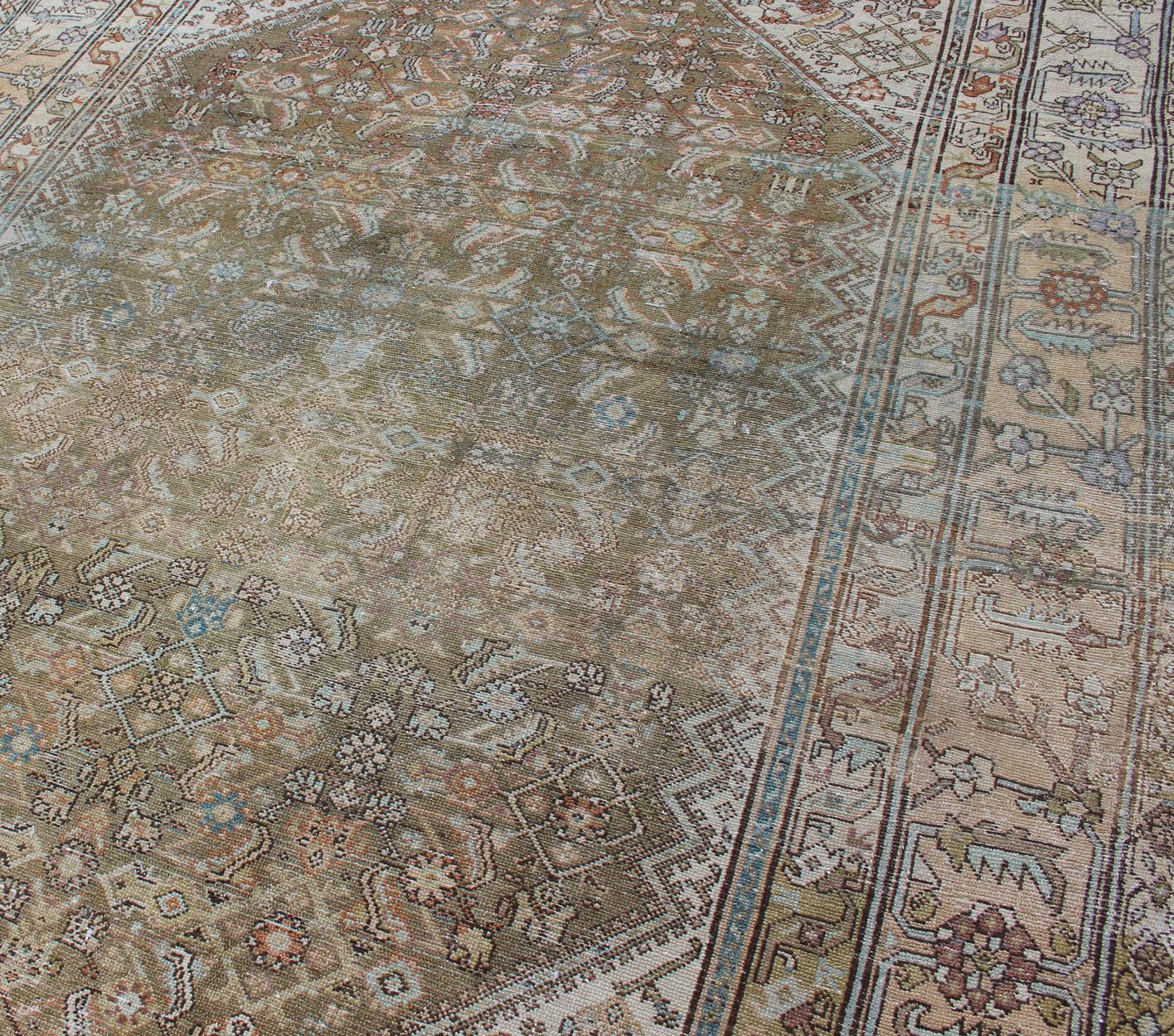 Early 20th Century Persian Malayer Rug with Geometric Design in Faded Green and Ivory For Sale
