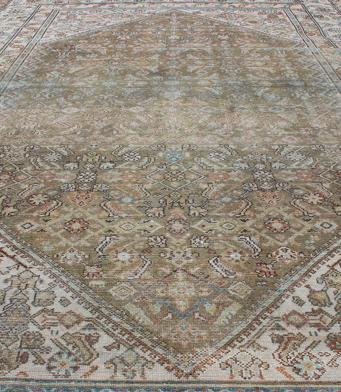 Persian Malayer Rug with Geometric Design in Faded Green and Ivory For Sale 1