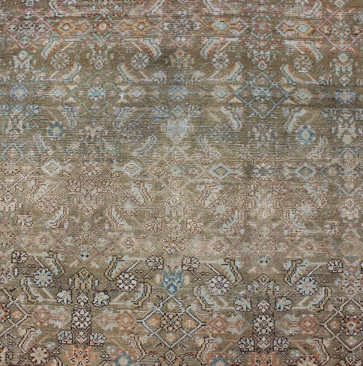 Persian Malayer Rug with Geometric Design in Faded Green and Ivory For Sale 2