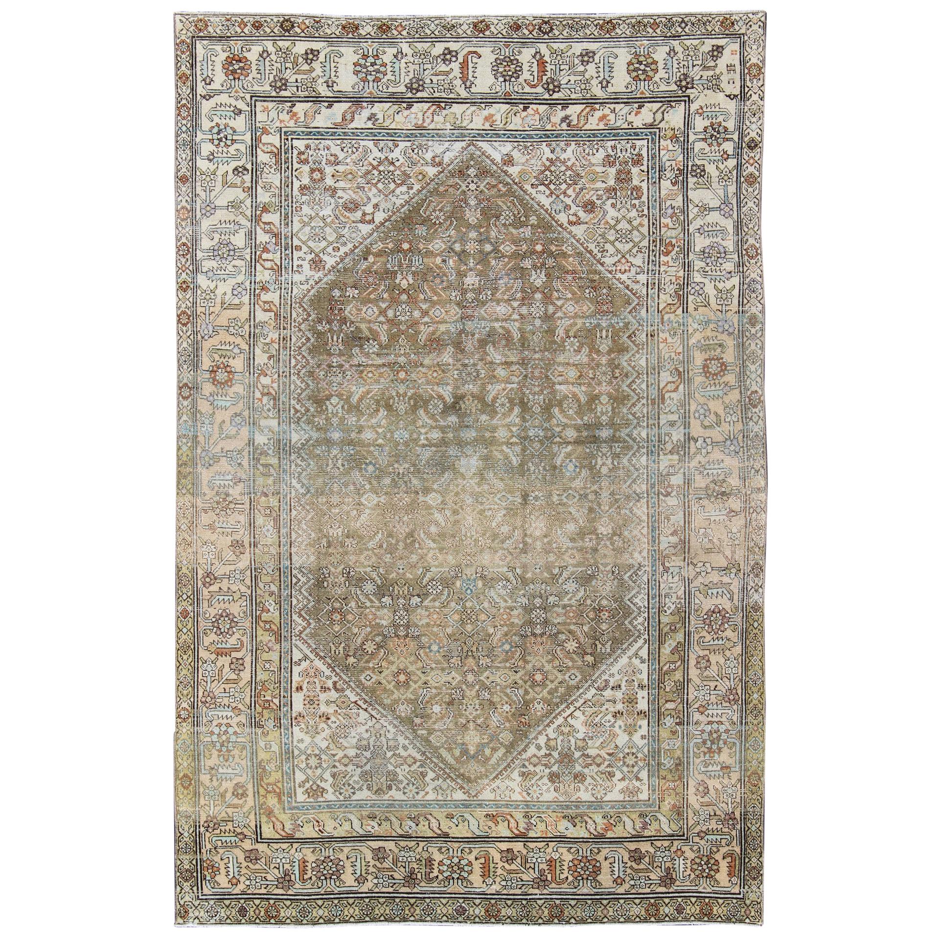 Persian Malayer Rug with Geometric Design in Faded Green and Ivory For Sale