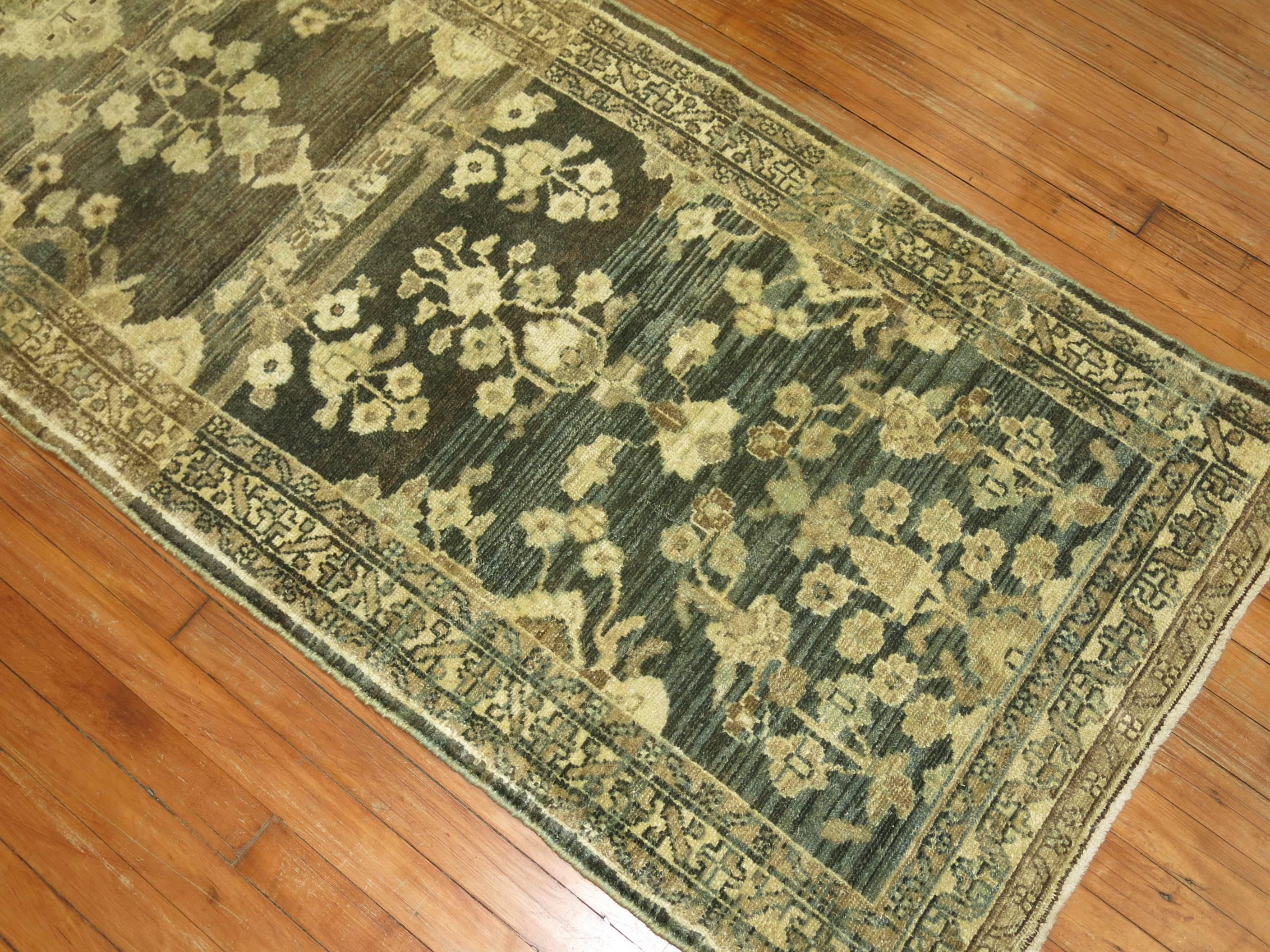 Hand-Knotted Green Antique Persian Malayer Runner