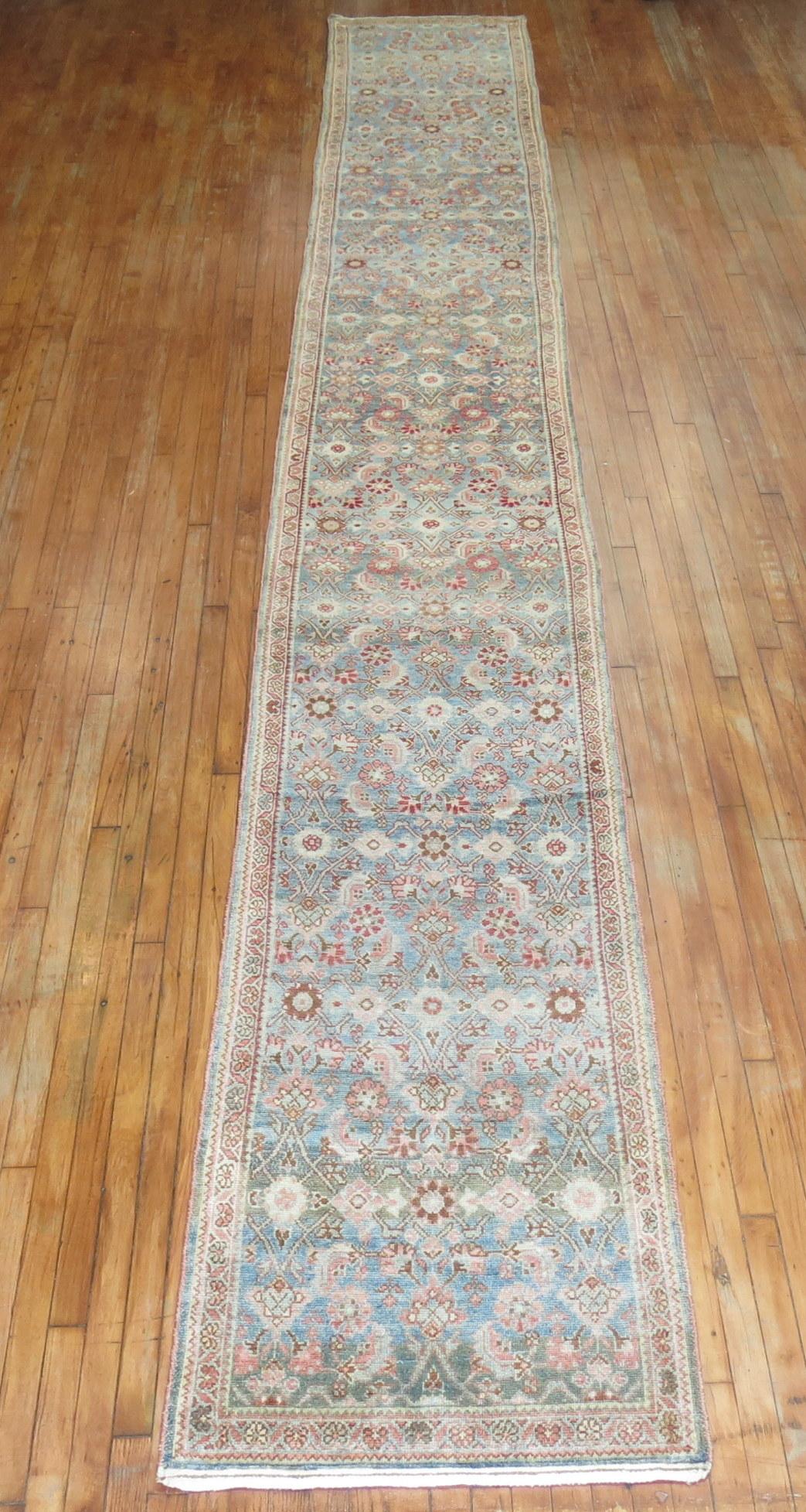 Hand-Woven Zabihi Collection Extra Long Persian Malayer Runner in Light Blue and Pink For Sale
