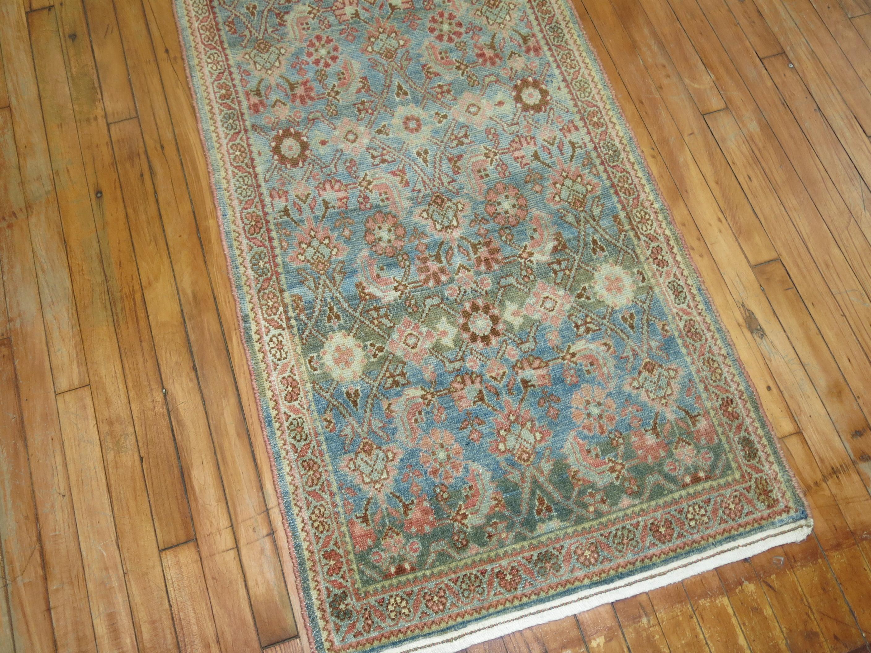 Zabihi Collection Extra Long Persian Malayer Runner in Light Blue and Pink In Good Condition For Sale In New York, NY