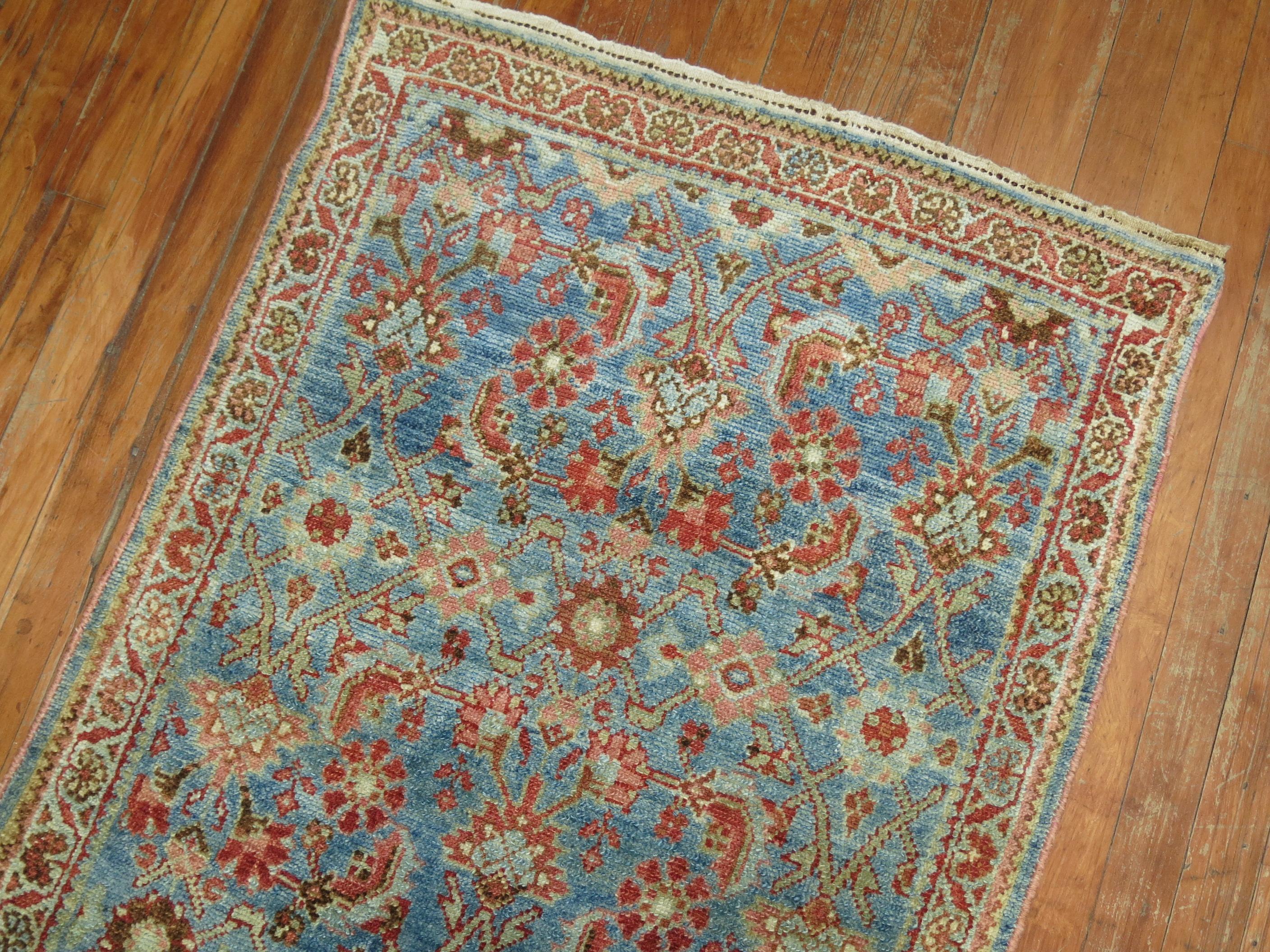20th Century Zabihi Collection Extra Long Persian Malayer Runner in Light Blue and Pink For Sale