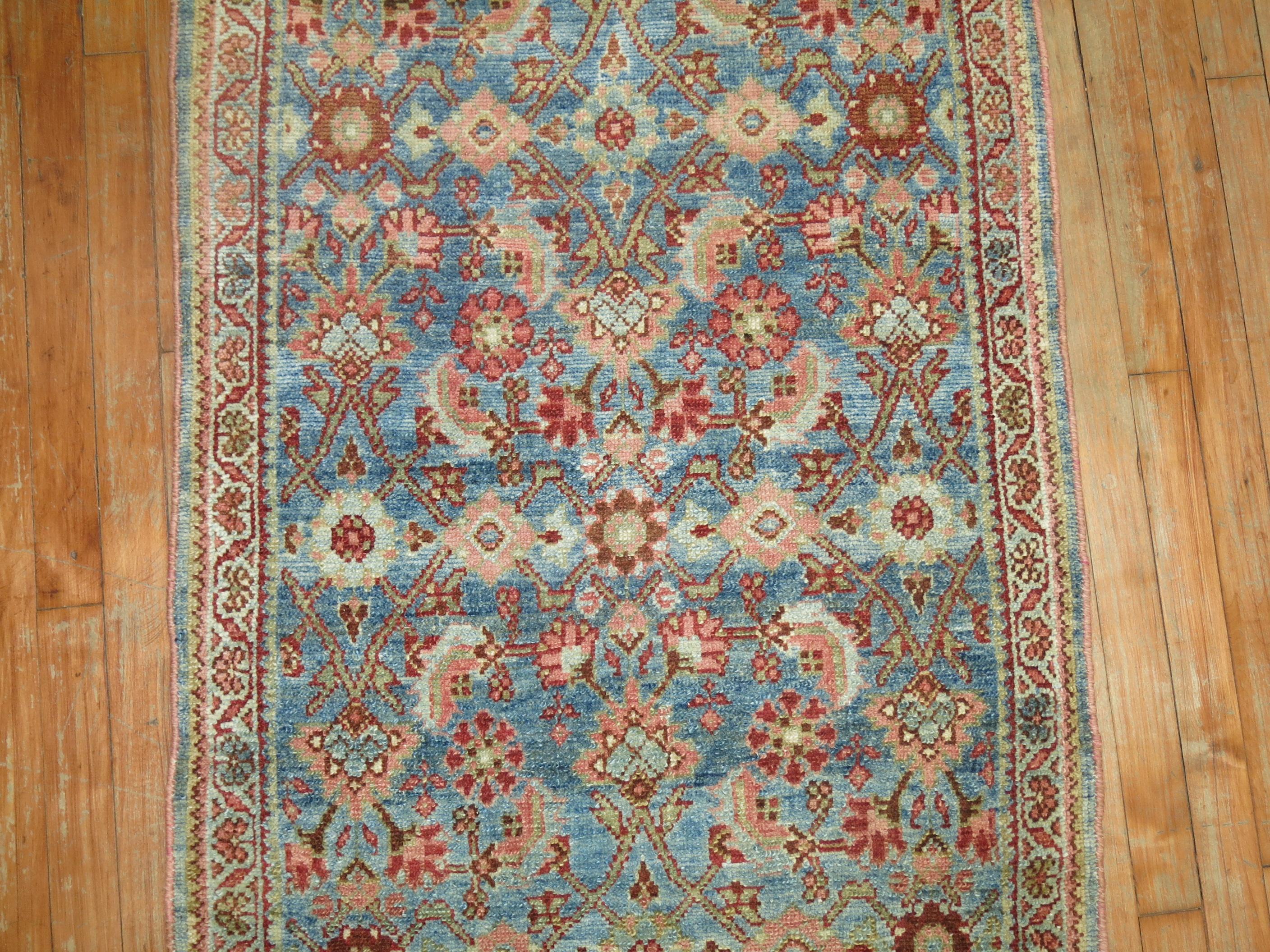 Wool Zabihi Collection Extra Long Persian Malayer Runner in Light Blue and Pink For Sale