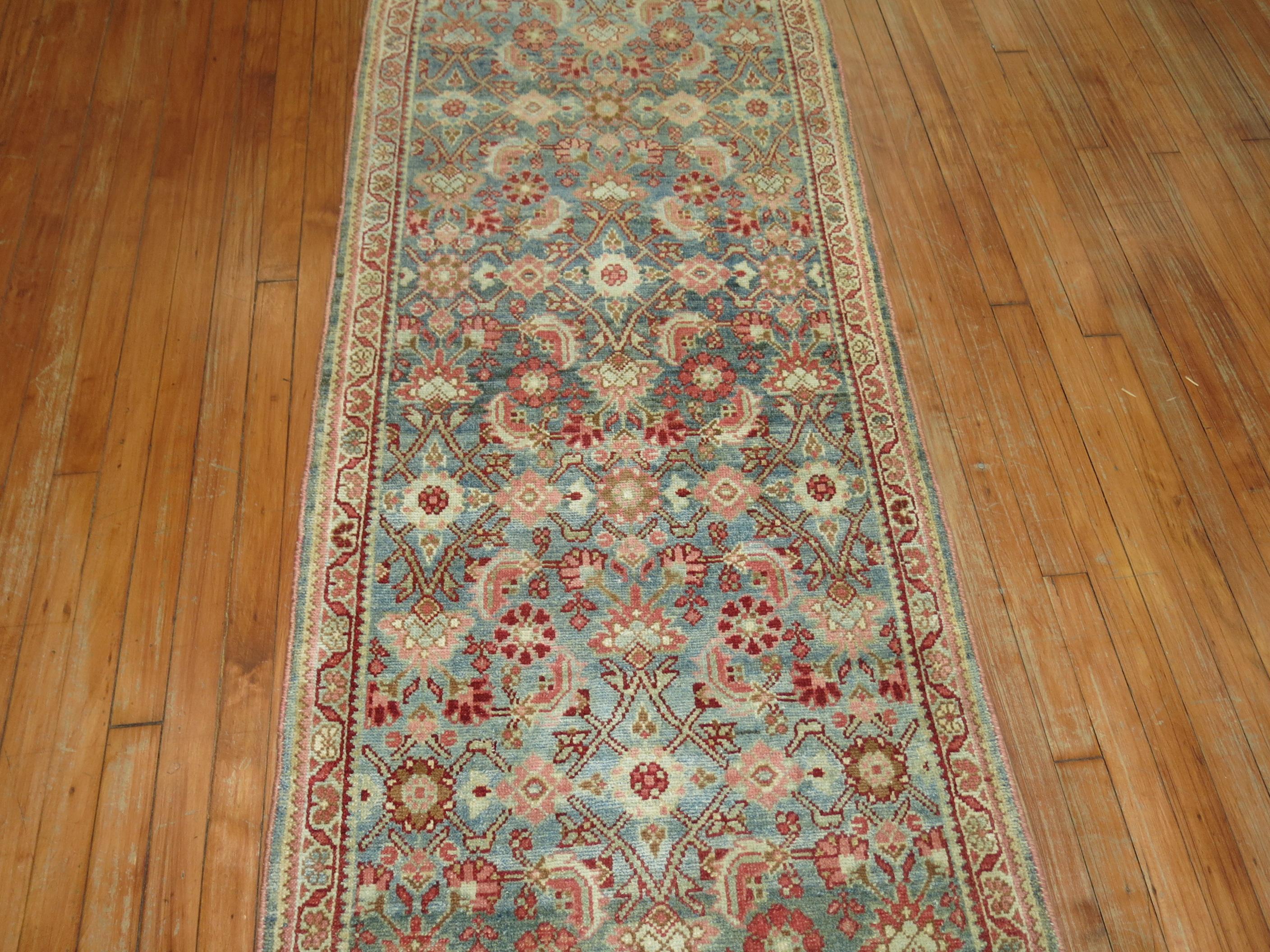 Zabihi Collection Extra Long Persian Malayer Runner in Light Blue and Pink For Sale 1