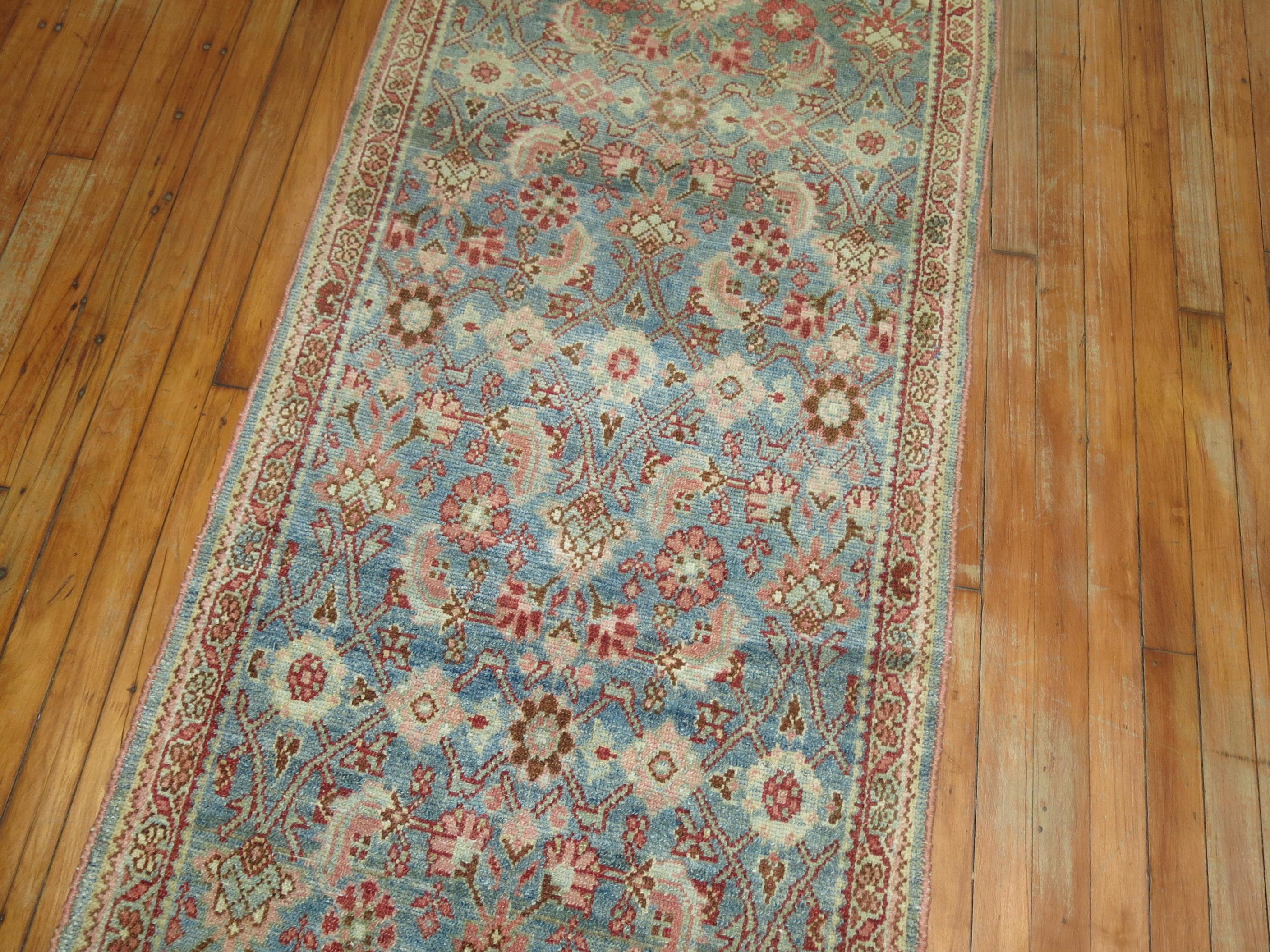 Zabihi Collection Extra Long Persian Malayer Runner in Light Blue and Pink For Sale 2