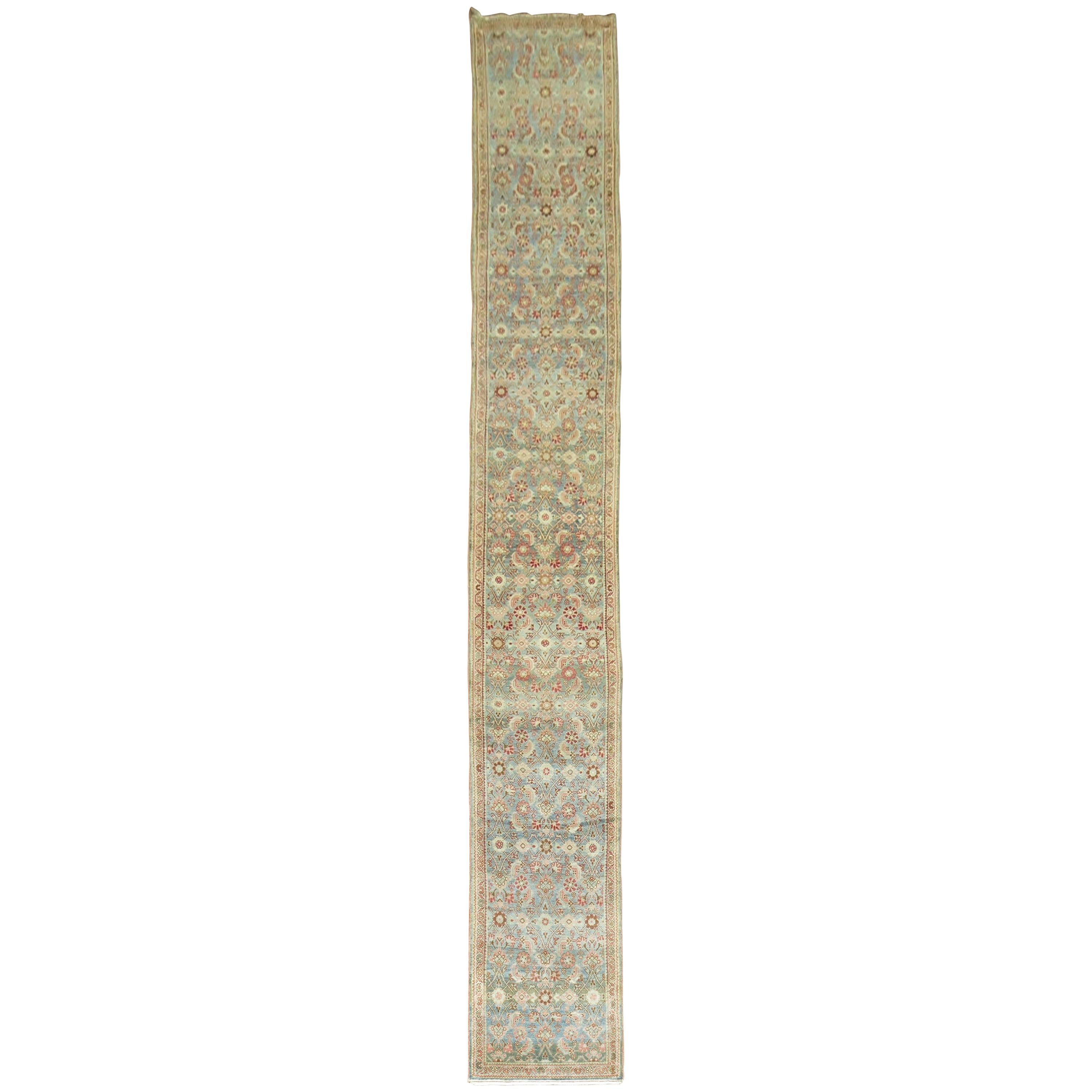 Zabihi Collection Extra Long Persian Malayer Runner in Light Blue and Pink