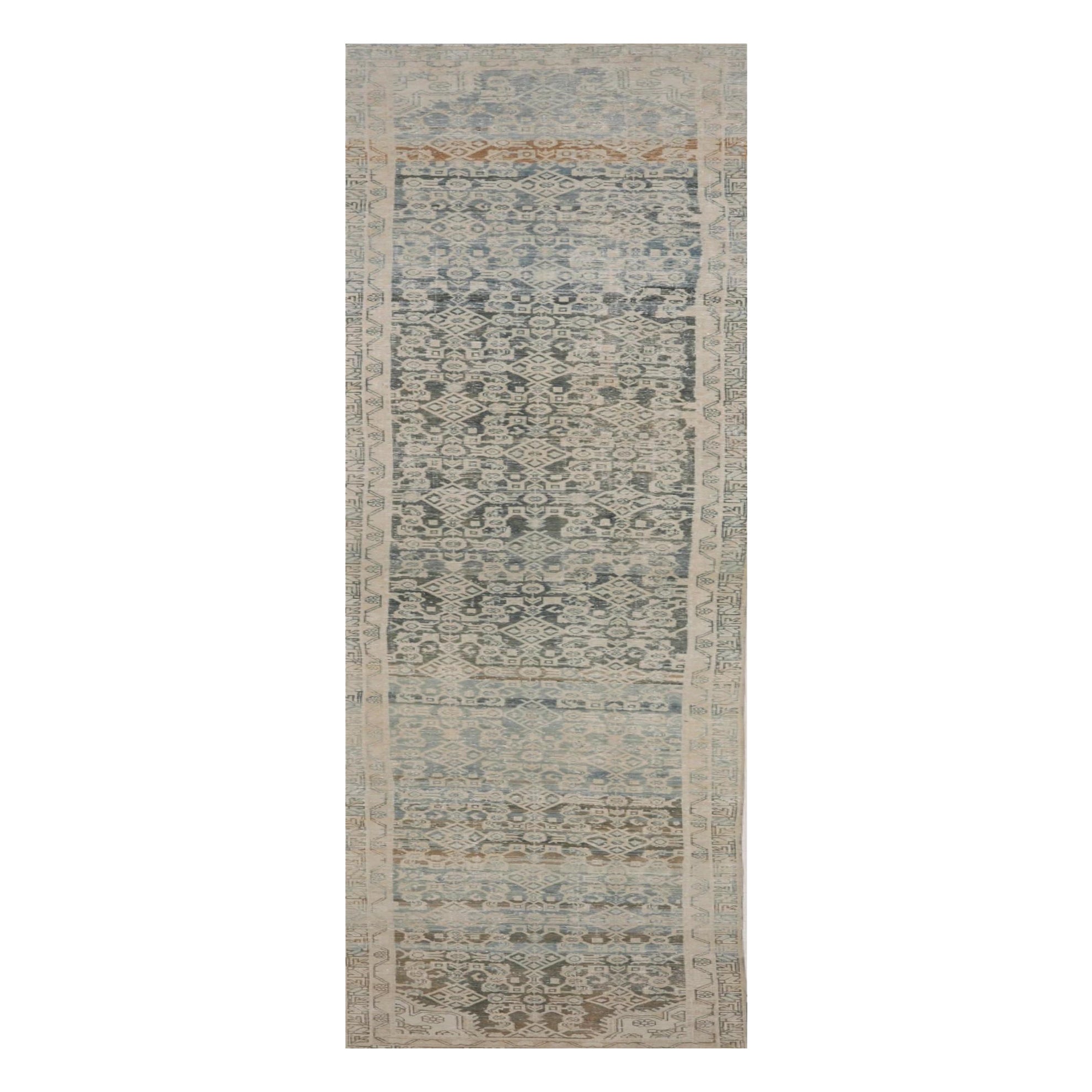 Persische Malayer Läufer Teppich Circa 1880 - Wolle Blau Braun Elfenbein Design - 99553