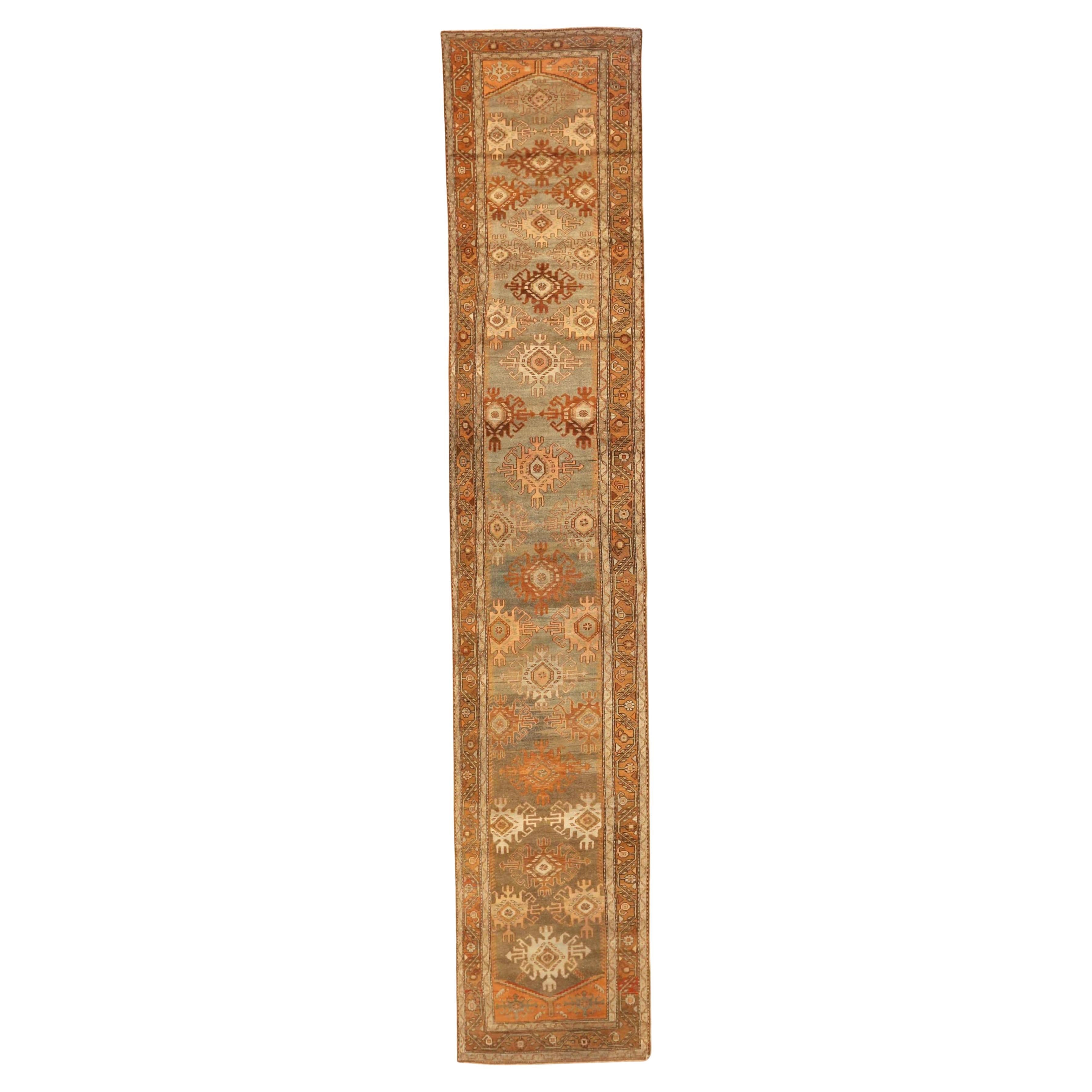 Persischer Malayer-Läufer - Wolle Blau Elfenbein Orange Design - 75562 im Angebot