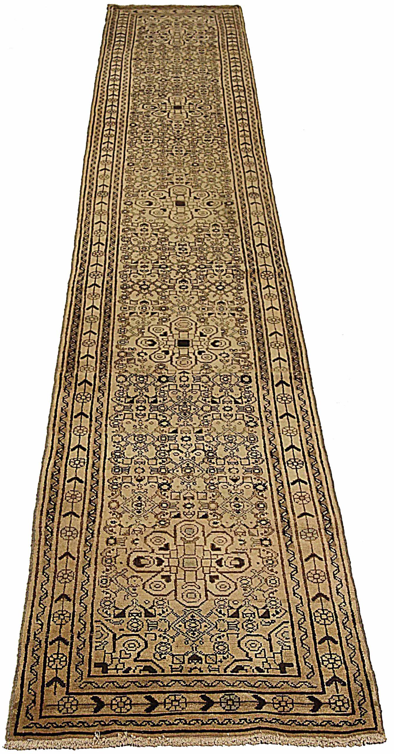 Entdecken Sie die Eleganz des persischen Malayers mit dem Läufer um 1880. Dieses exklusive Design aus Wolle und Braun-Elfenbein ist perfekt, um Ihren Raum zu verschönern.