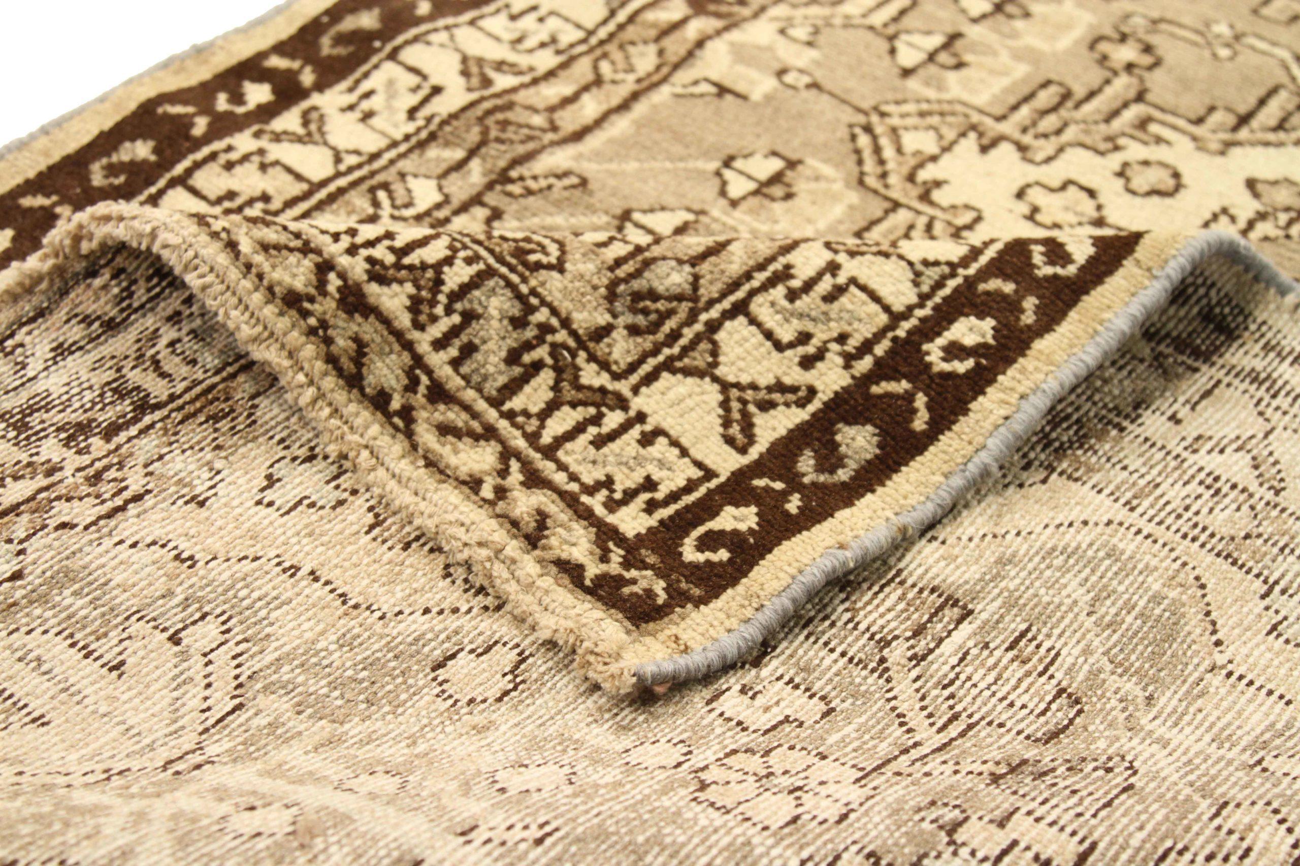 Persischer Malayer Läufer Teppich - Wolle Braun Elfenbein Taupe 74054 (Asiatisch) im Angebot