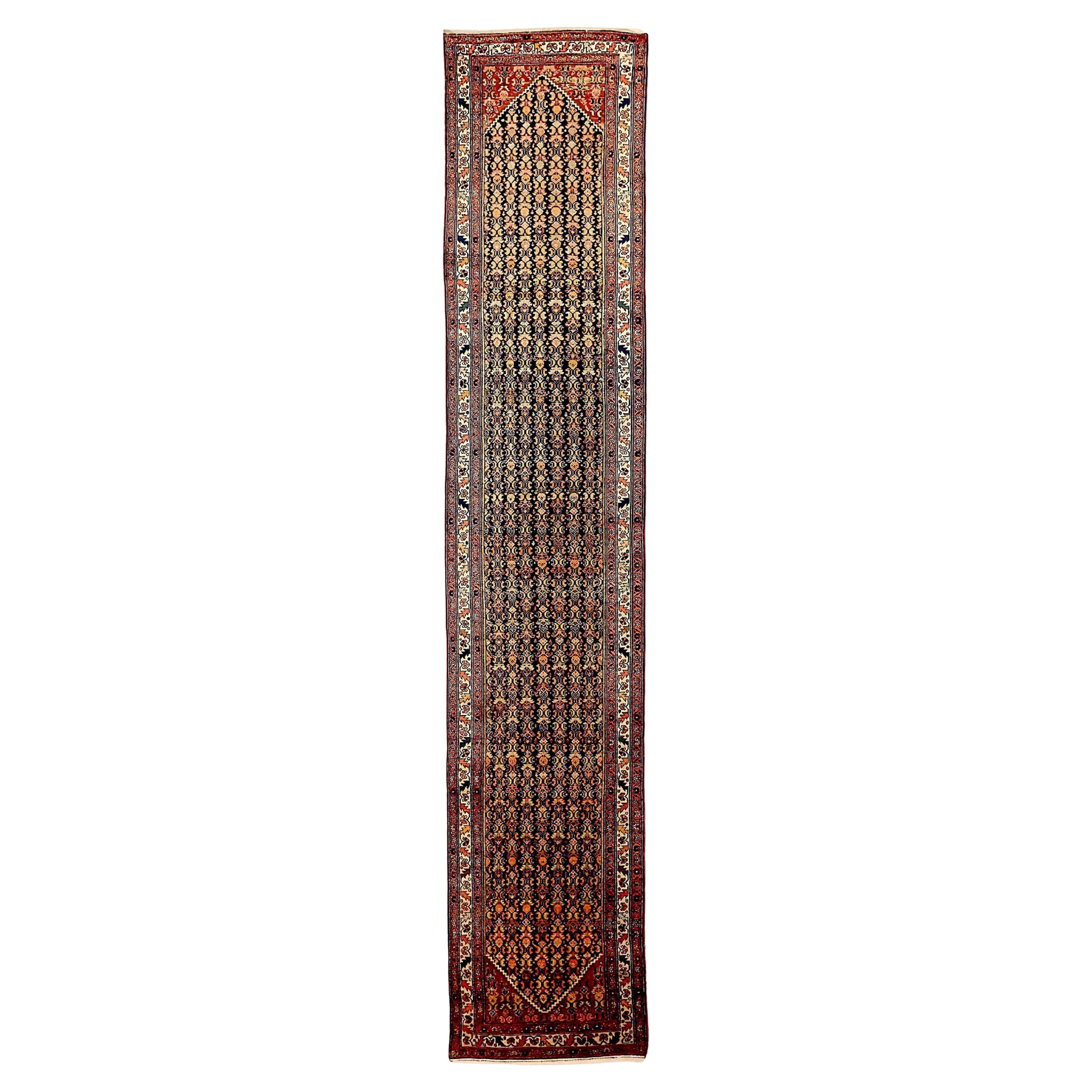 Tapis persan Malayer - Laine ivoire bleu marine bleu rouge 73318 en vente