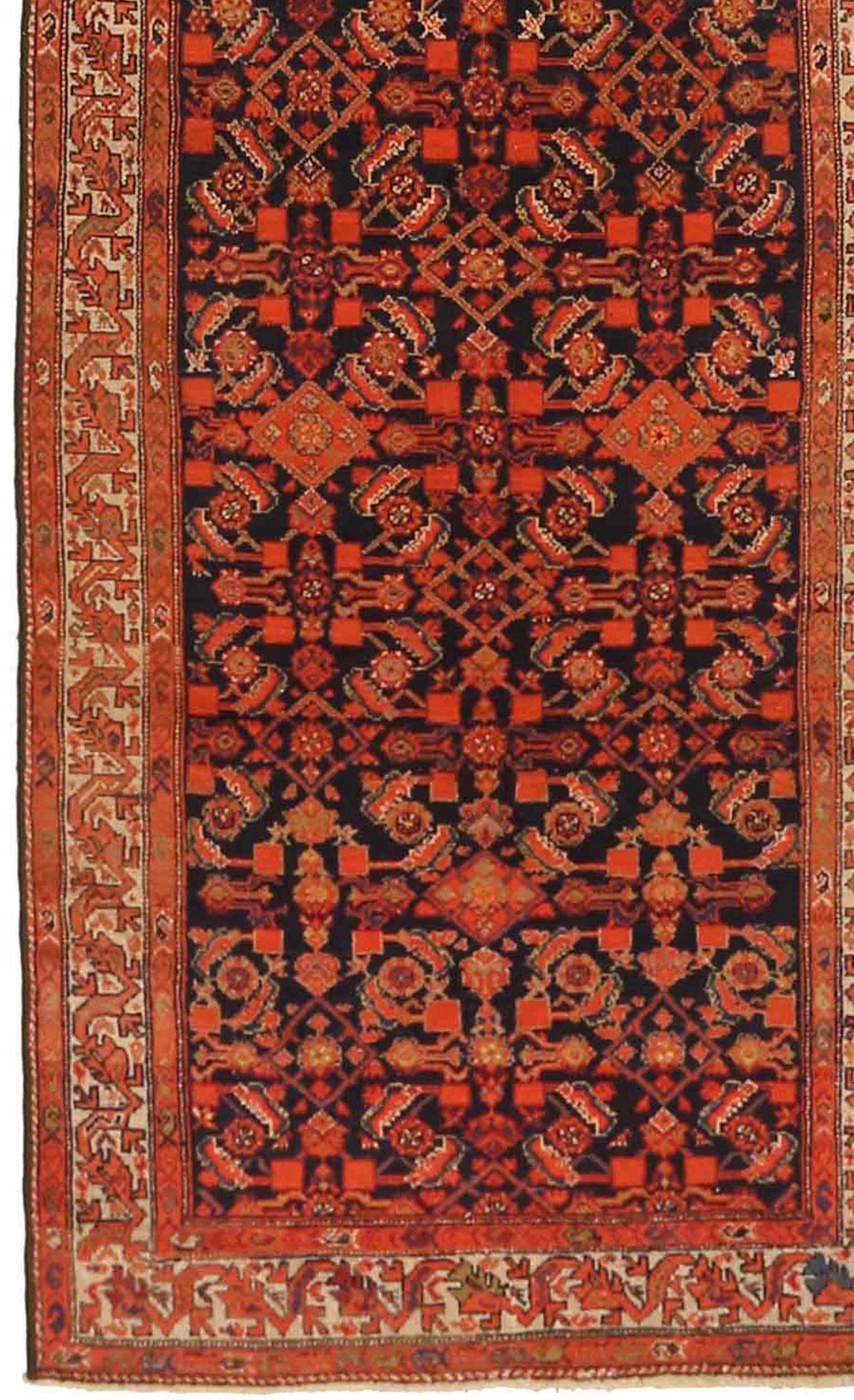Persischer Malayer-Läufer aus Wolle in Elfenbein, Marineblau, Blau und Rot, 73327 (Asiatisch) im Angebot