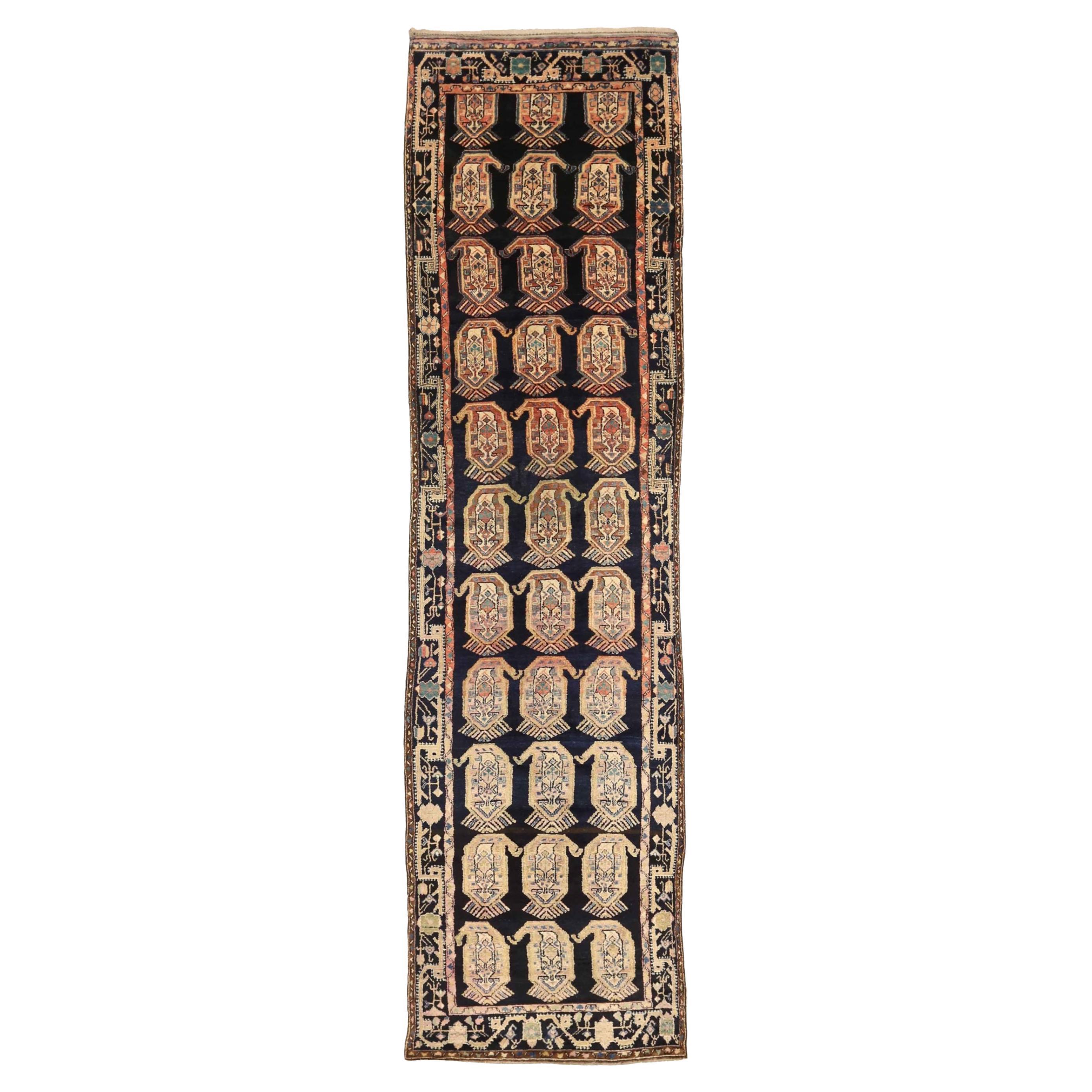 Persian Malayer Runner Rug - Wool Ivory Navy Blue Red Design - 75165