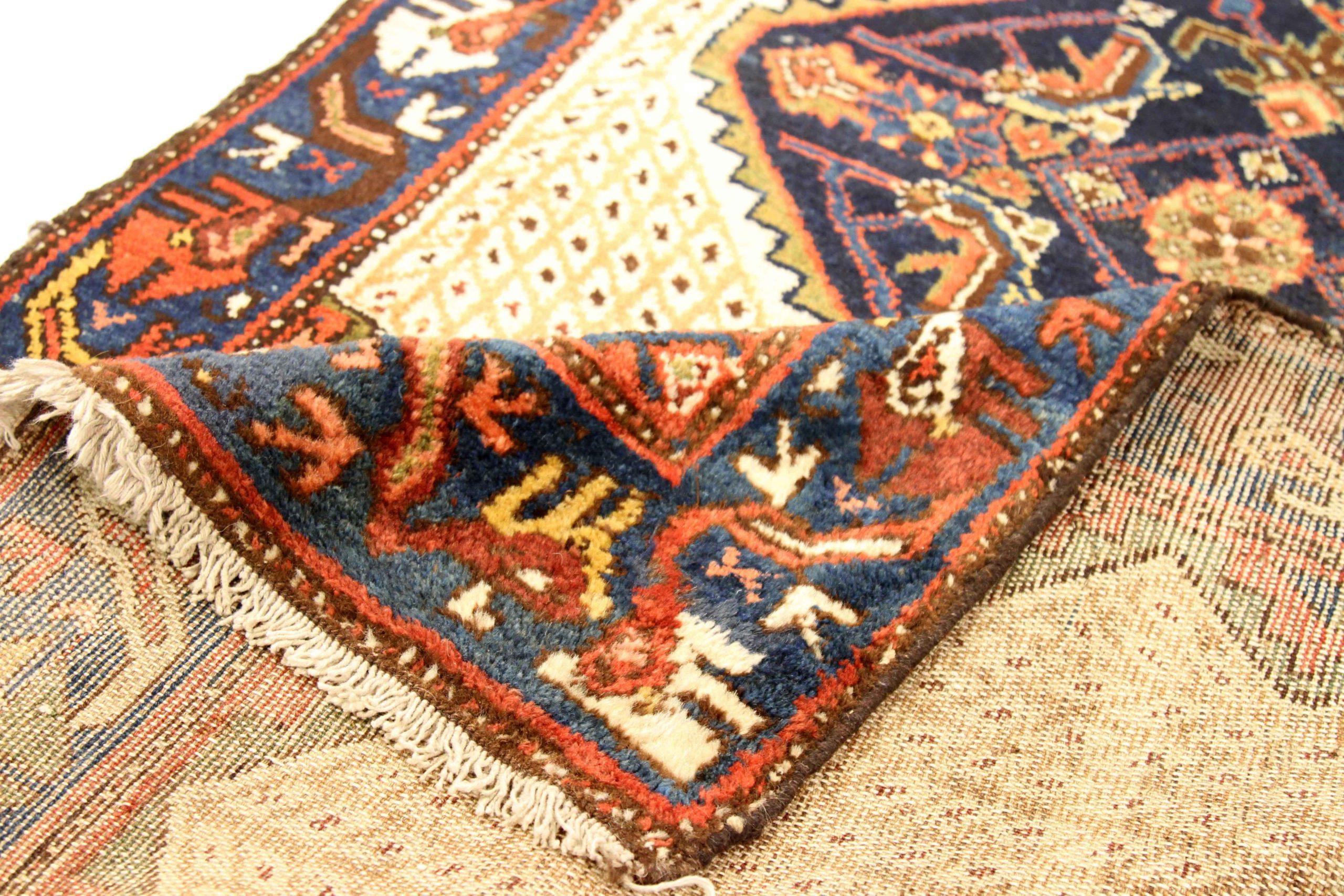 Asian Persian Malayer Runner Rug - Wool Ivory Navy Blue Red Design - 75372 For Sale