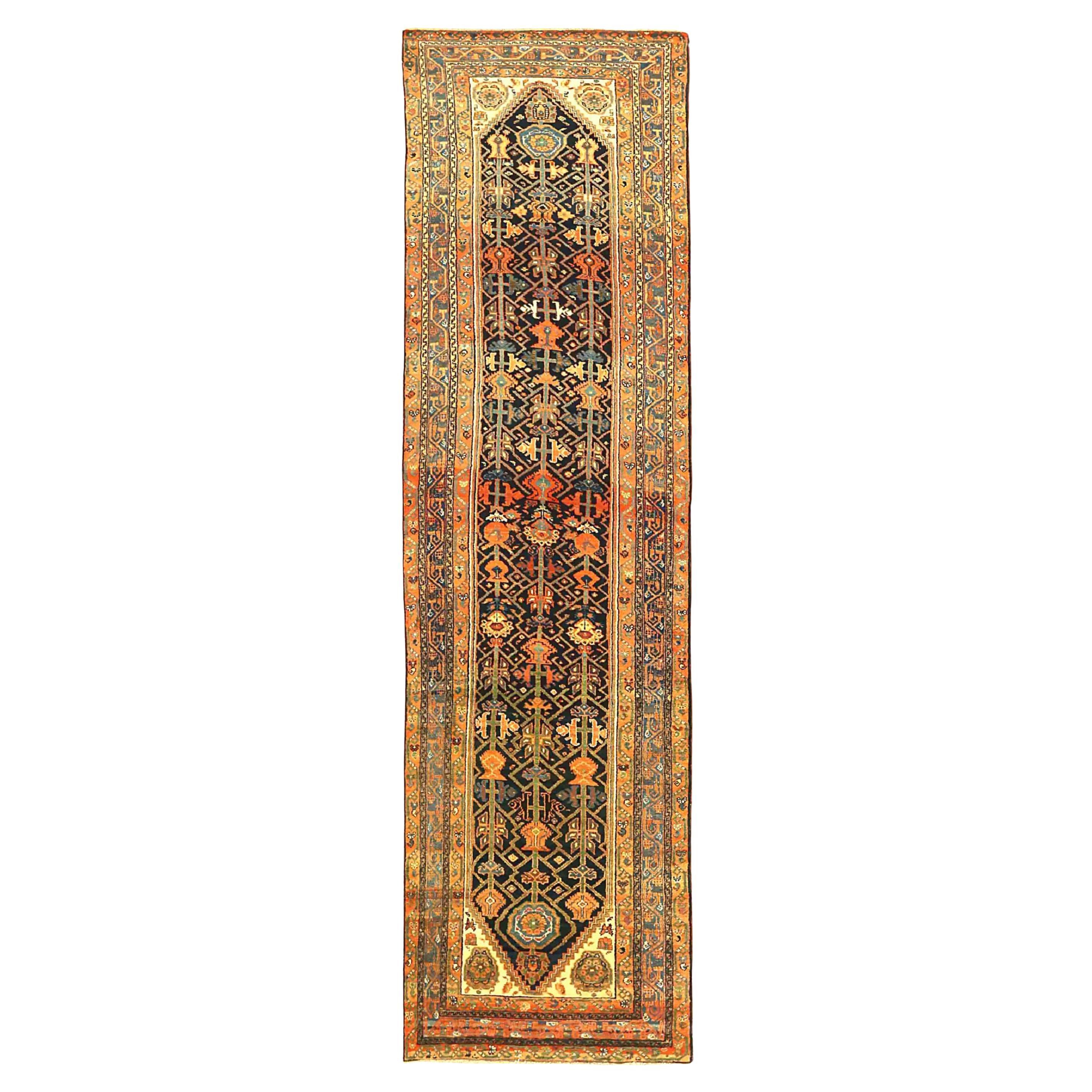 Persian Malayer Runner Rug - Wool Navy Blue Red Yellow 71223 For Sale