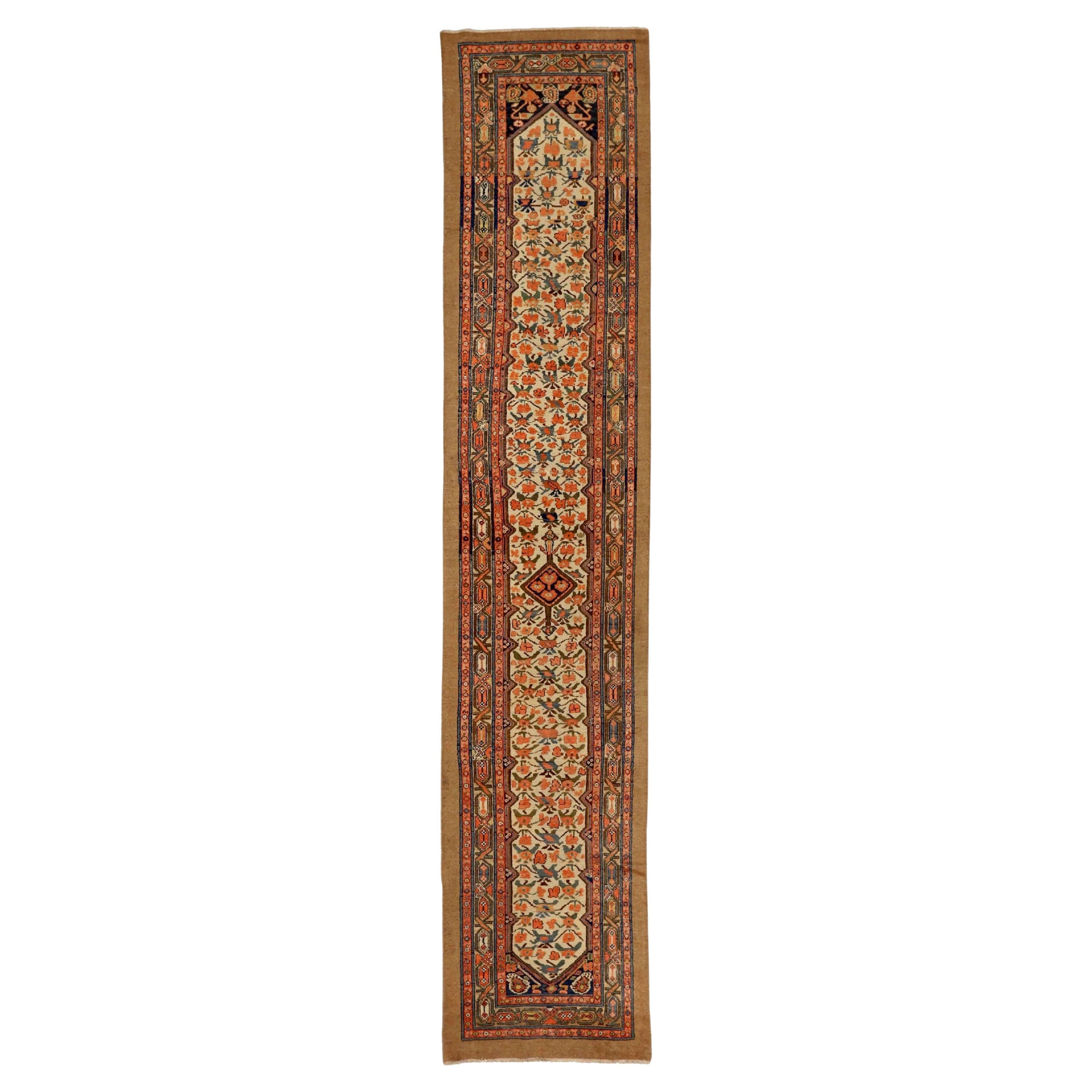 Tapis de course persan Malayer Circa 1910 - Laine Vert Ivoire Bleu marine Orange 72828