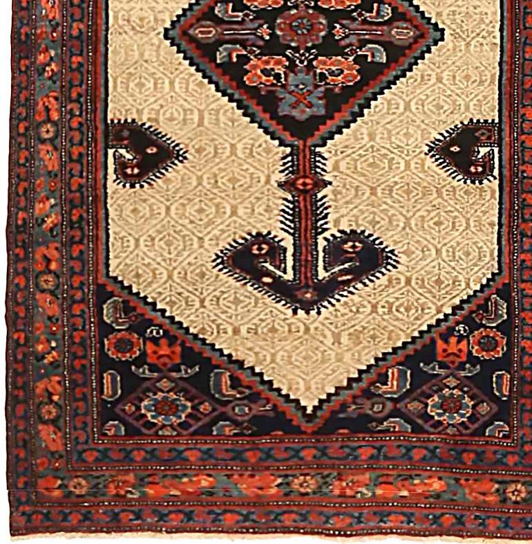 Asian Persian Malayer Runner Rug Circa 1910 - Wool Ivory Navy Blue Red 71226 For Sale