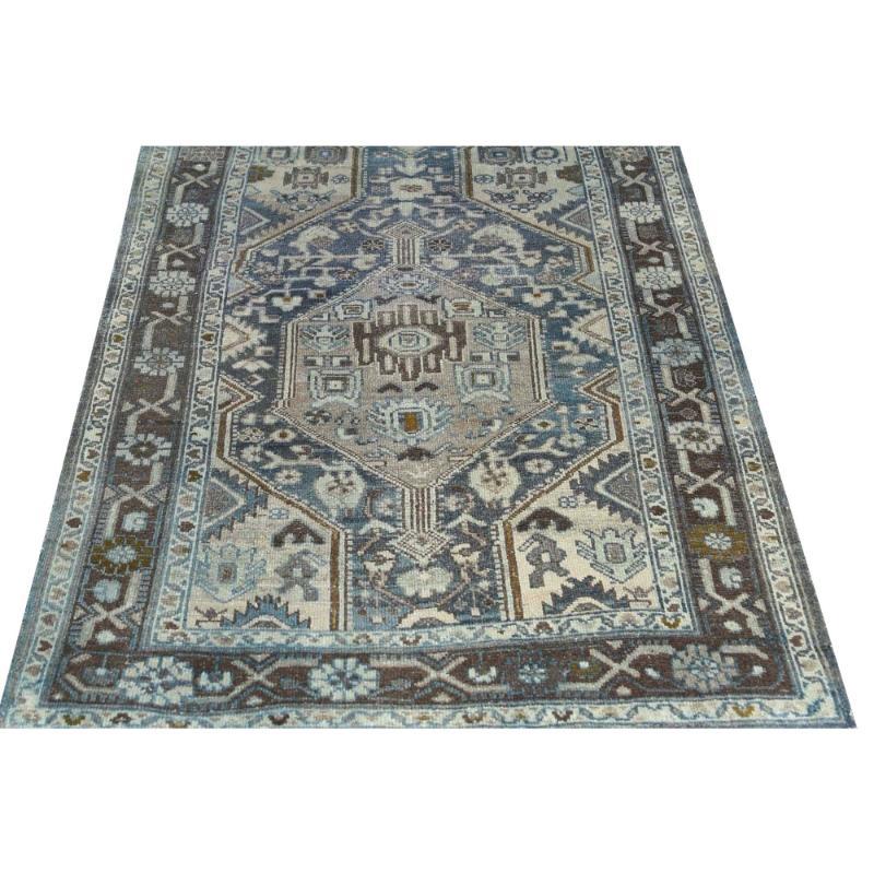 Persischer Malayer Läufer Teppich - Wolle Blau Braun Elfenbein Design - 97542 (Irakisch) im Angebot