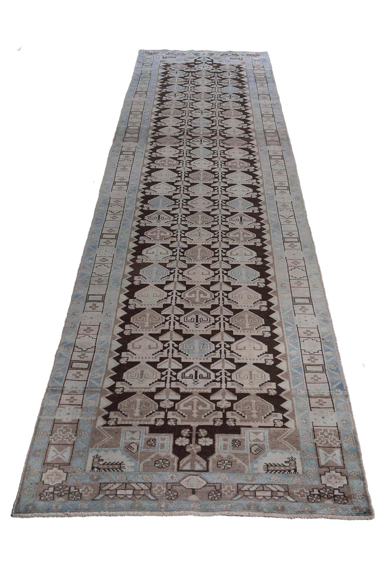 Persischer Malayer Läufer Teppich - Wolle Blau Braun Elfenbein Design - 97544 (20. Jahrhundert) im Angebot