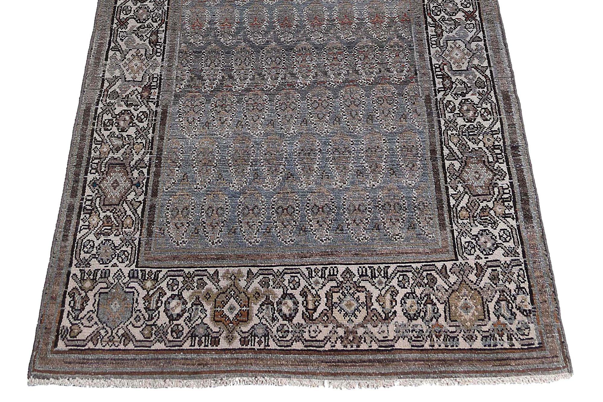 Persischer Malayer Läufer Teppich - Wolle Blau Braun Elfenbein Design - 97608 (20. Jahrhundert) im Angebot
