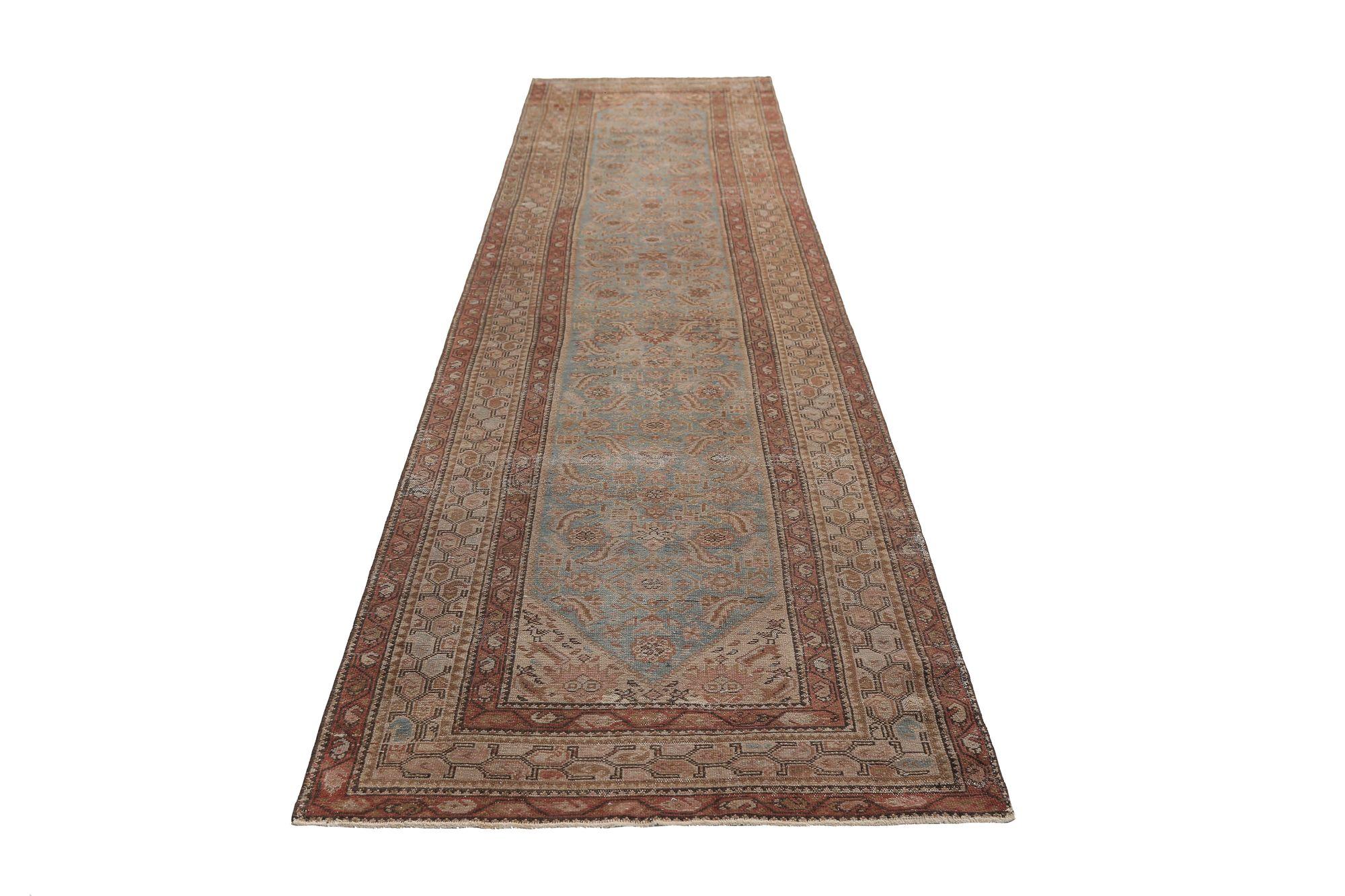 Persischer Malayer-Läufer - Wolle Blau Elfenbein Design - 96799 (20. Jahrhundert) im Angebot