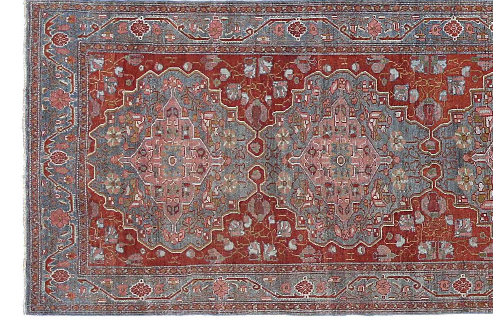 Persischer Malayer-Läufer aus Wolle in Blau, Rosa und Rot mit Design - 97590 (Irakisch) im Angebot