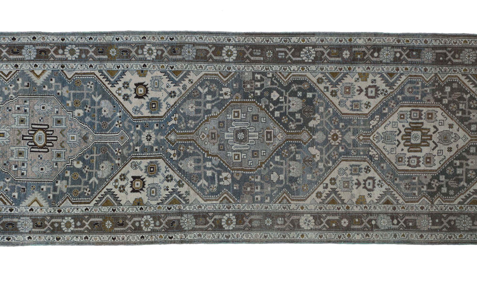 Persischer Malayer Läufer Teppich - Wolle Braun Grau Elfenbein Design - 97904 (20. Jahrhundert) im Angebot