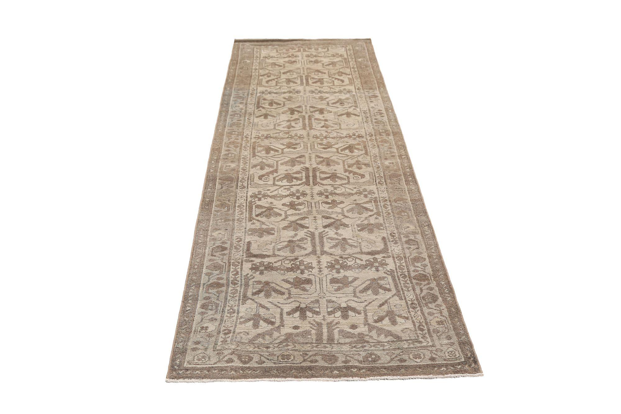 Persischer Malayer Läufer Teppich - Wolle Braun Elfenbein Design - 97094 im Zustand „Hervorragend“ im Angebot in Dallas, TX
