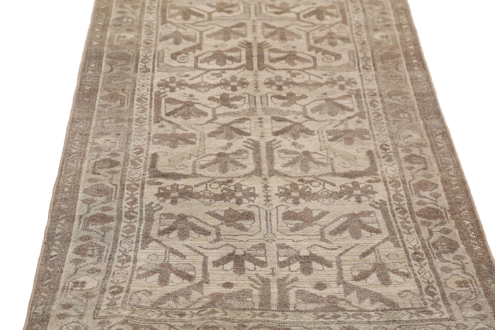 Persischer Malayer Läufer Teppich - Wolle Braun Elfenbein Design - 97094 (20. Jahrhundert) im Angebot