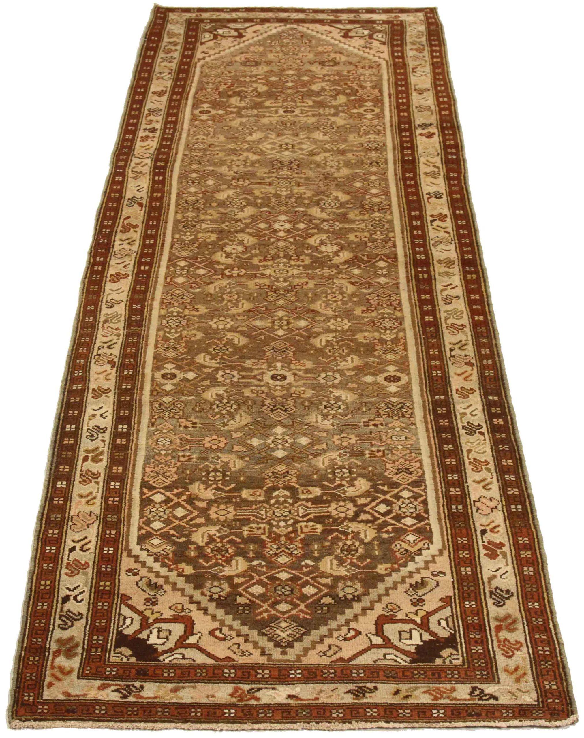 Entdecken Sie die Eleganz des persischen Malayers mit dem Läufer um 1880. Dieses exklusive Design aus Wolle und Braun-Elfenbein-Taupe ist perfekt, um Ihren Raum zu verschönern.