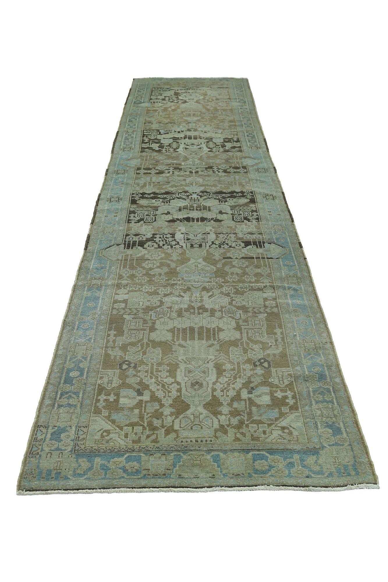 Persischer Malayer Läufer Teppich - Wolle Braun Hellblau Taupe - 97557 (20. Jahrhundert) im Angebot