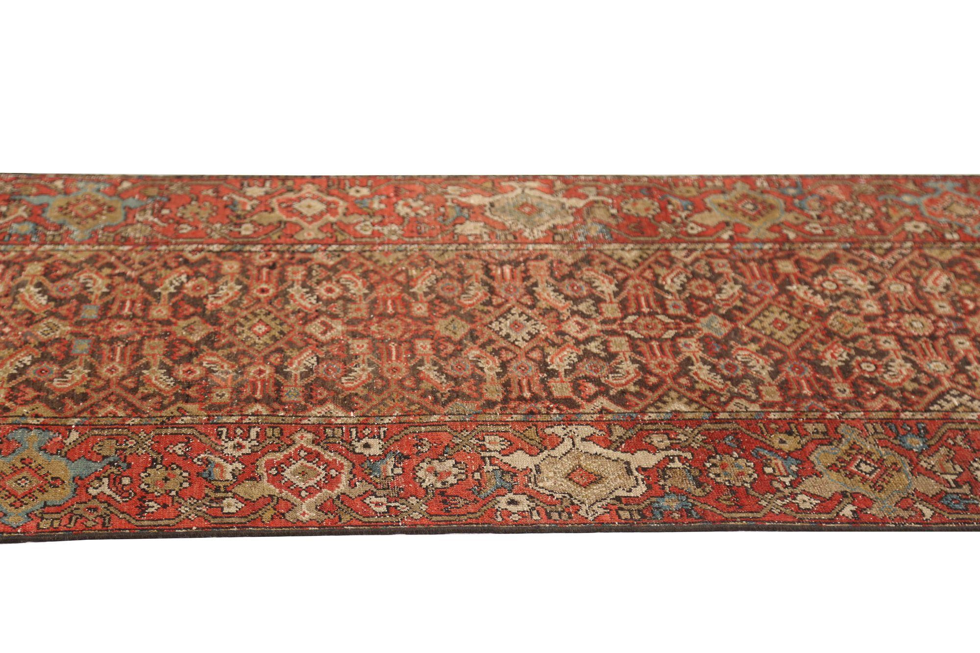 Persischer Malayer Läufer Teppich - Wolle Braun Rot Design - 97134 (20. Jahrhundert) im Angebot