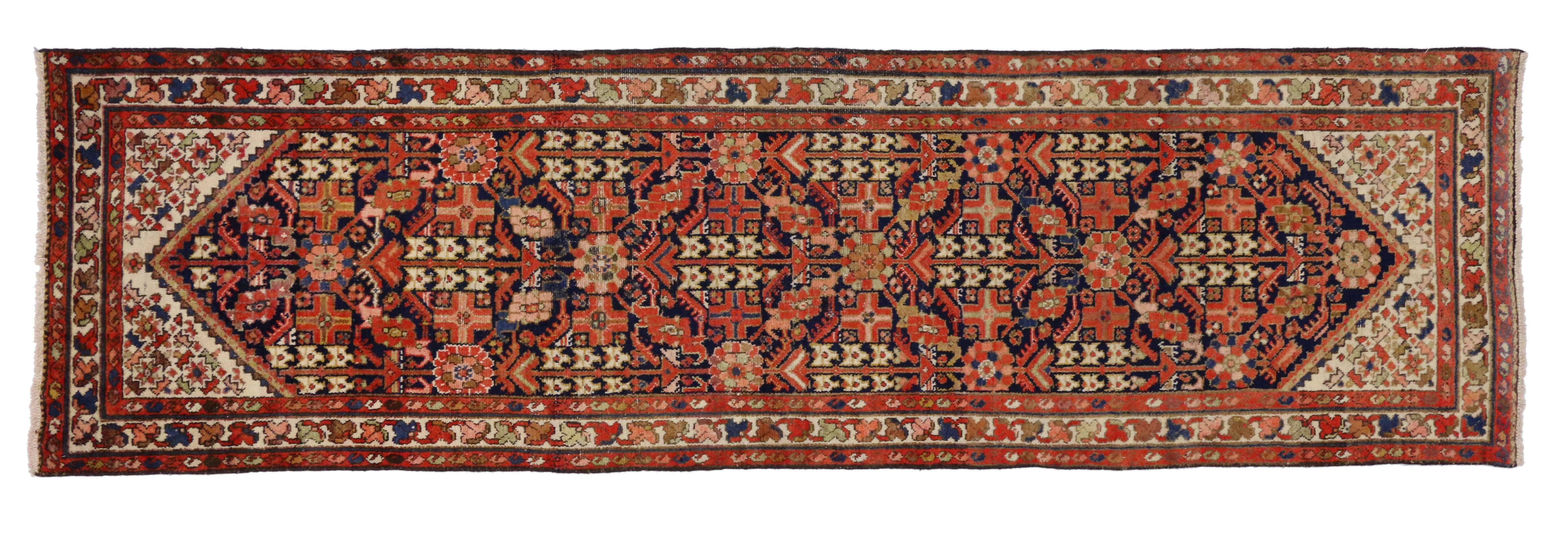 Hand-Knotted Vintage Persian Malayer Runner with Guli Hinnai Flower, Modern Hallway Runner For Sale