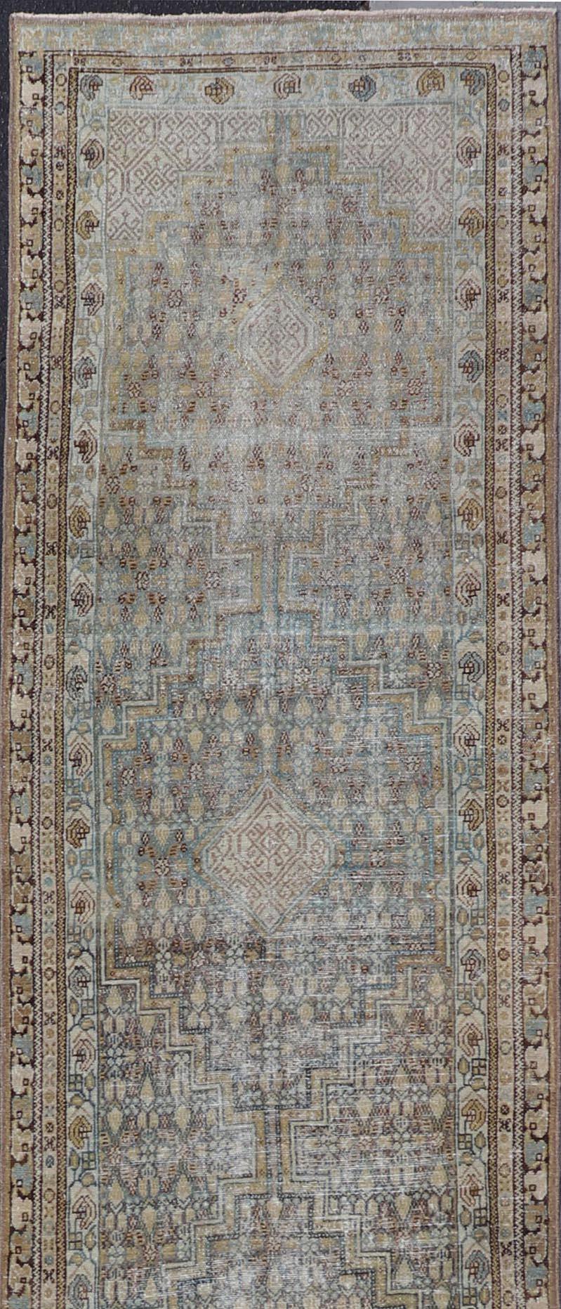 Persian Malayer Runner with Sub Geometric Medallions in Light Blue Field  For Sale 5