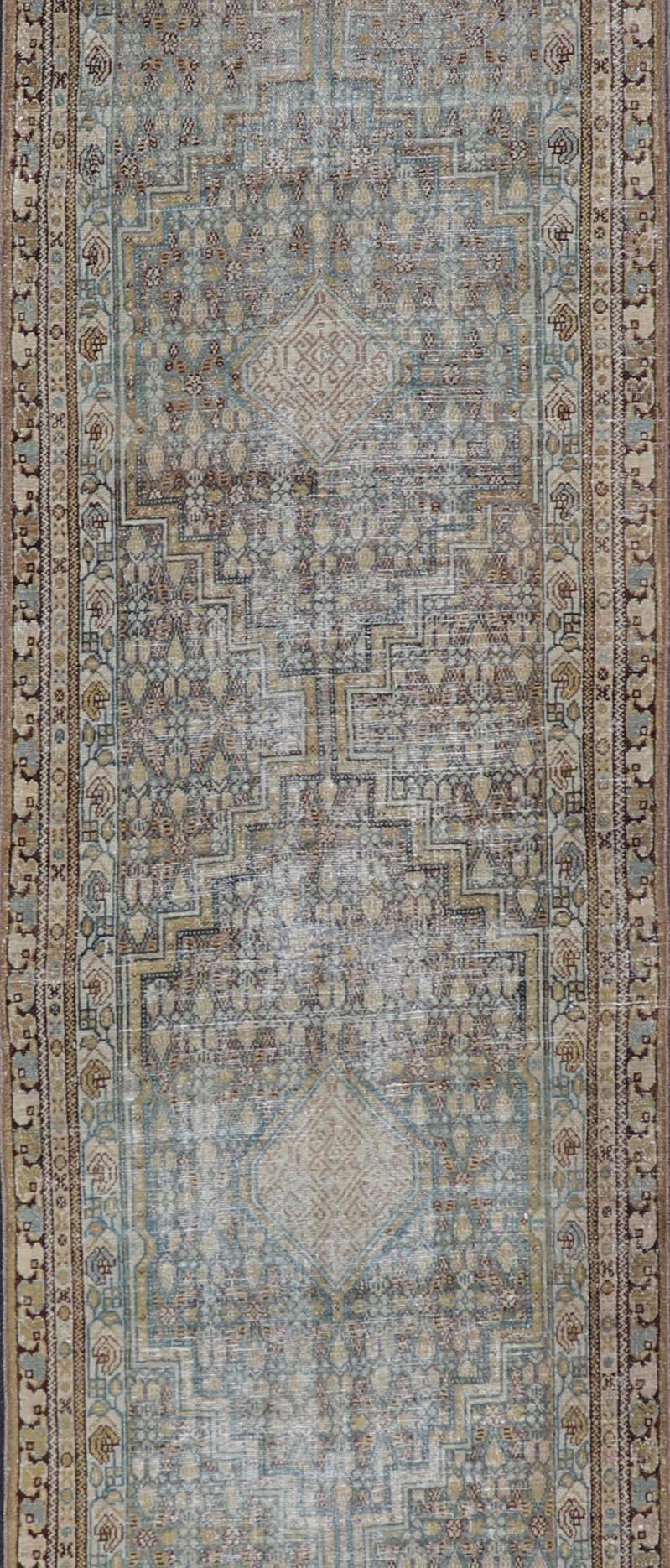 Persian Malayer Runner with Sub Geometric Medallions in Light Blue Field  For Sale 6