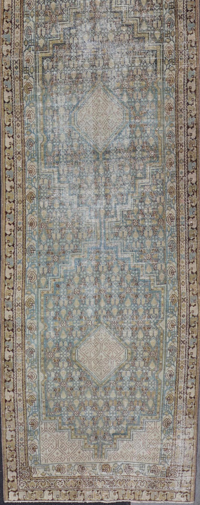 Persian Malayer Runner with Sub Geometric Medallions in Light Blue Field  For Sale 7
