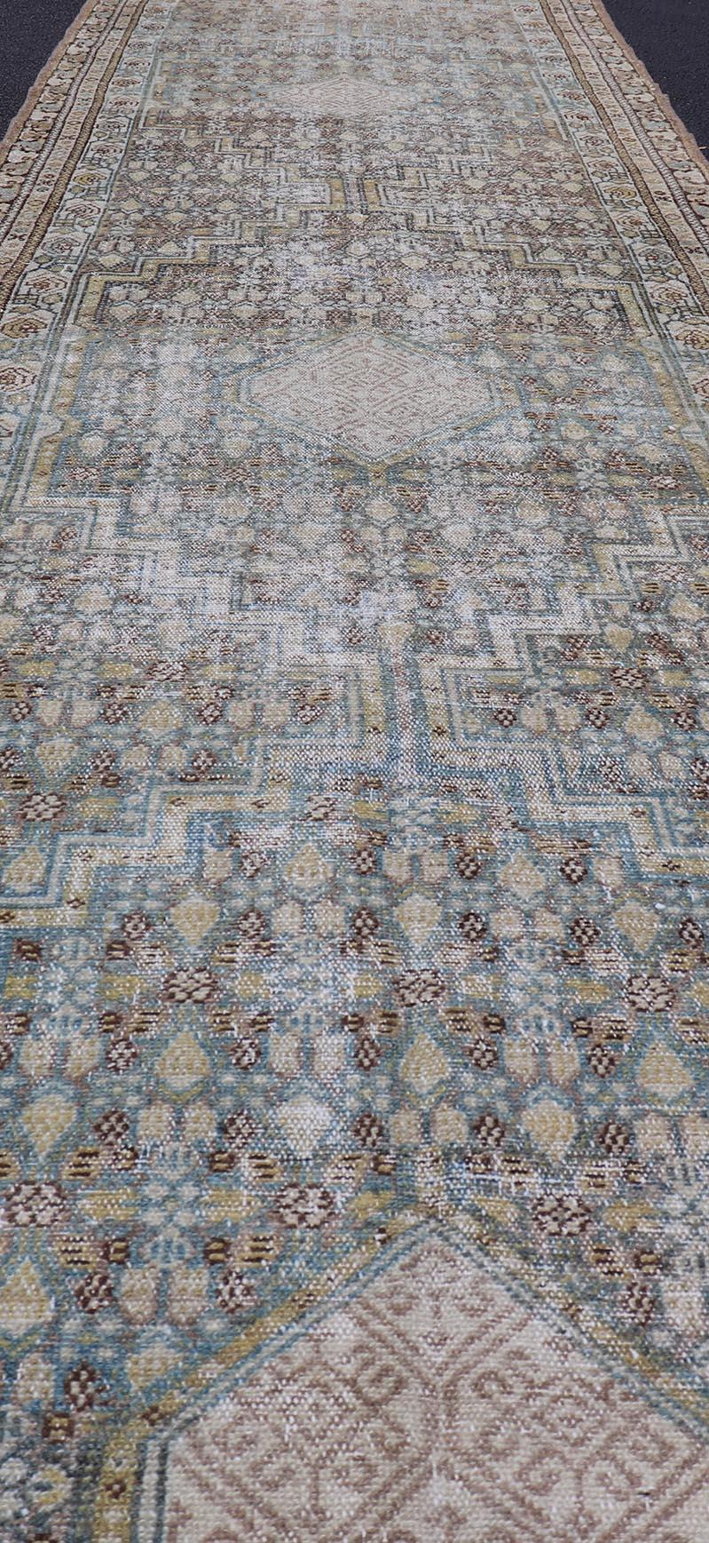 Hand-Knotted Persian Malayer Runner with Sub Geometric Medallions in Light Blue Field  For Sale