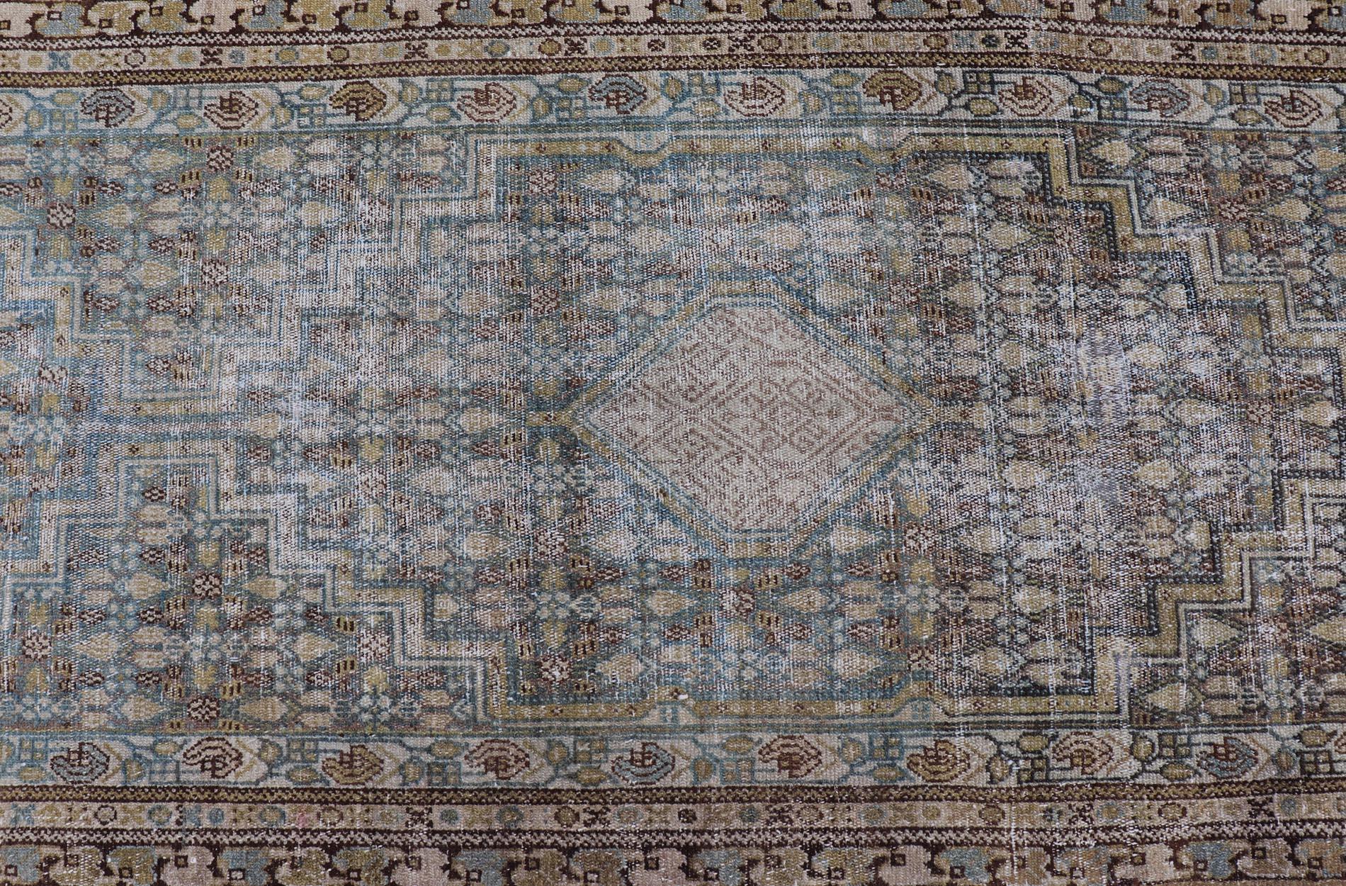 Persian Malayer Runner with Sub Geometric Medallions in Light Blue Field  In Good Condition For Sale In Atlanta, GA