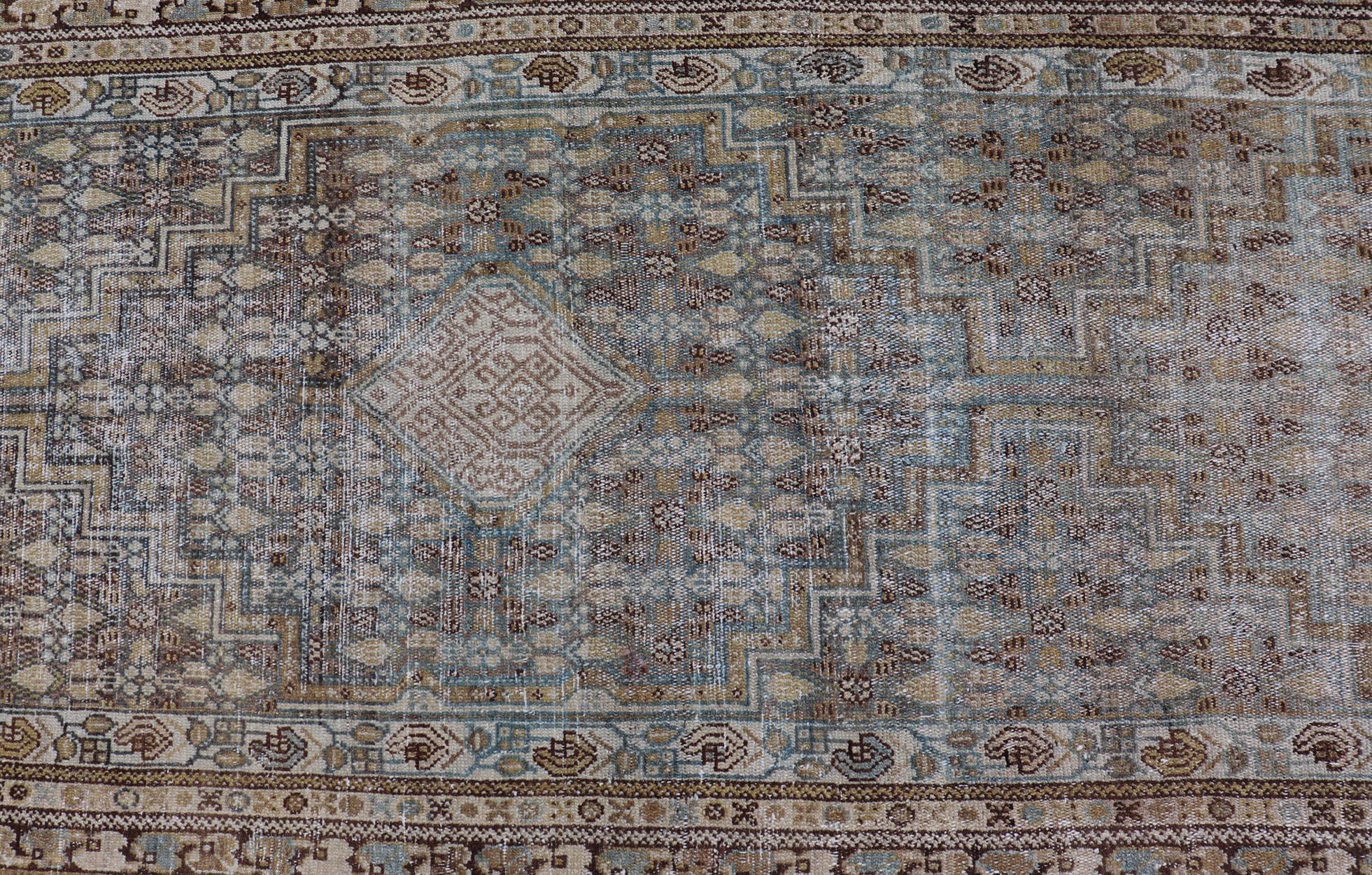 20th Century Persian Malayer Runner with Sub Geometric Medallions in Light Blue Field  For Sale