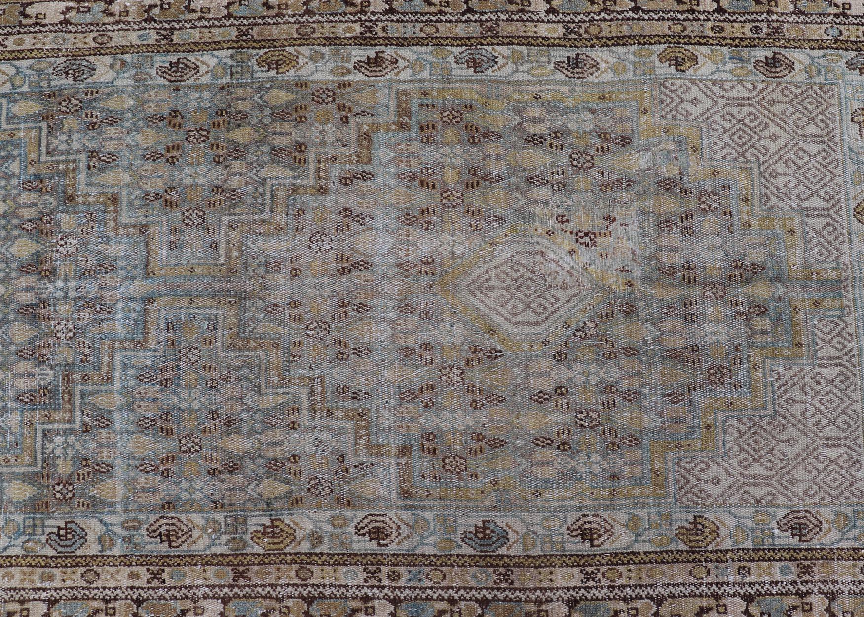 Wool Persian Malayer Runner with Sub Geometric Medallions in Light Blue Field  For Sale